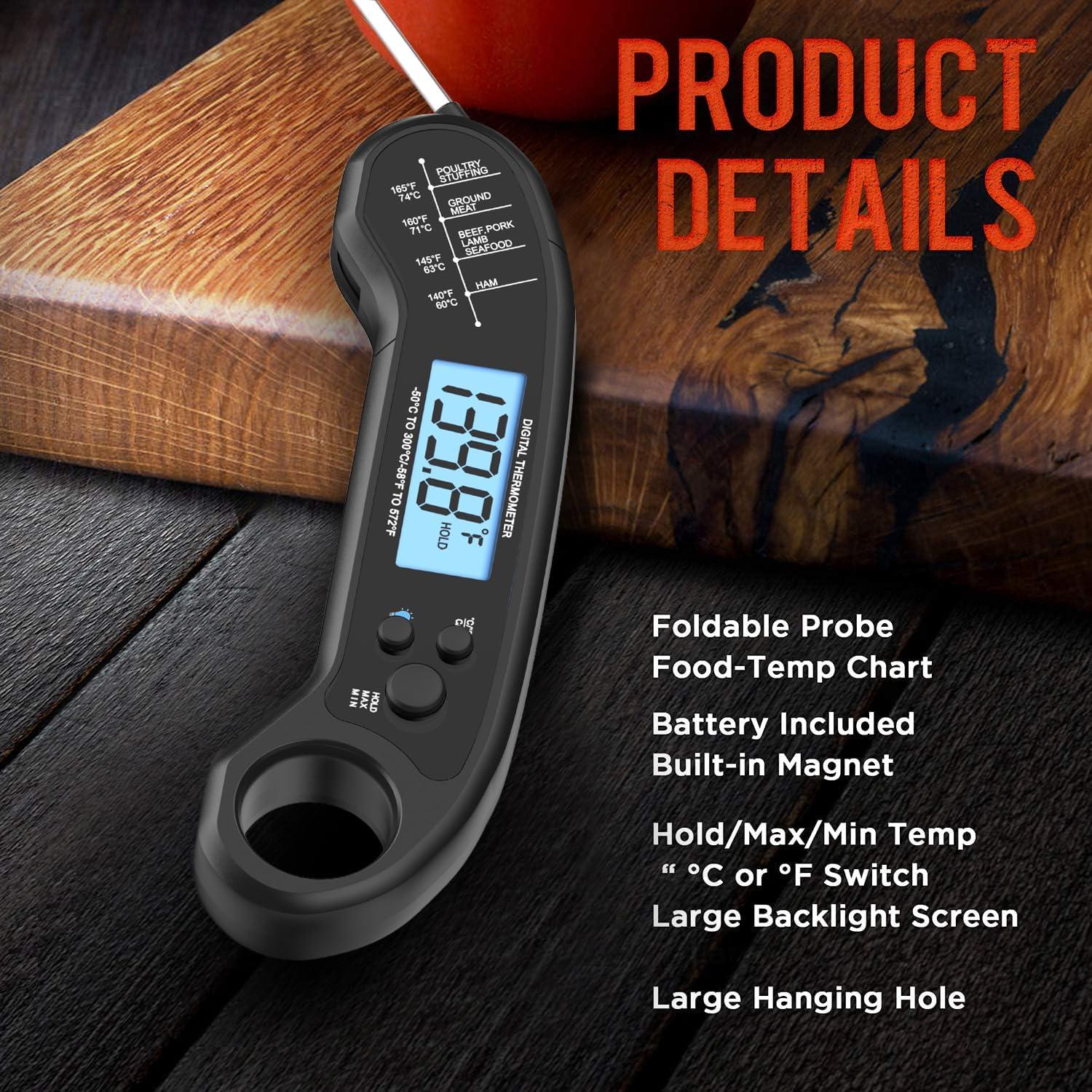 UISHUSO Instant Read Meat Thermometer for Cooking, Fast & Precise Digital Food Thermometer with Backlight, Magnet, Calibration, and Foldable Probe for Deep Fry, BBQ, Grill, and Roast Turkey-2