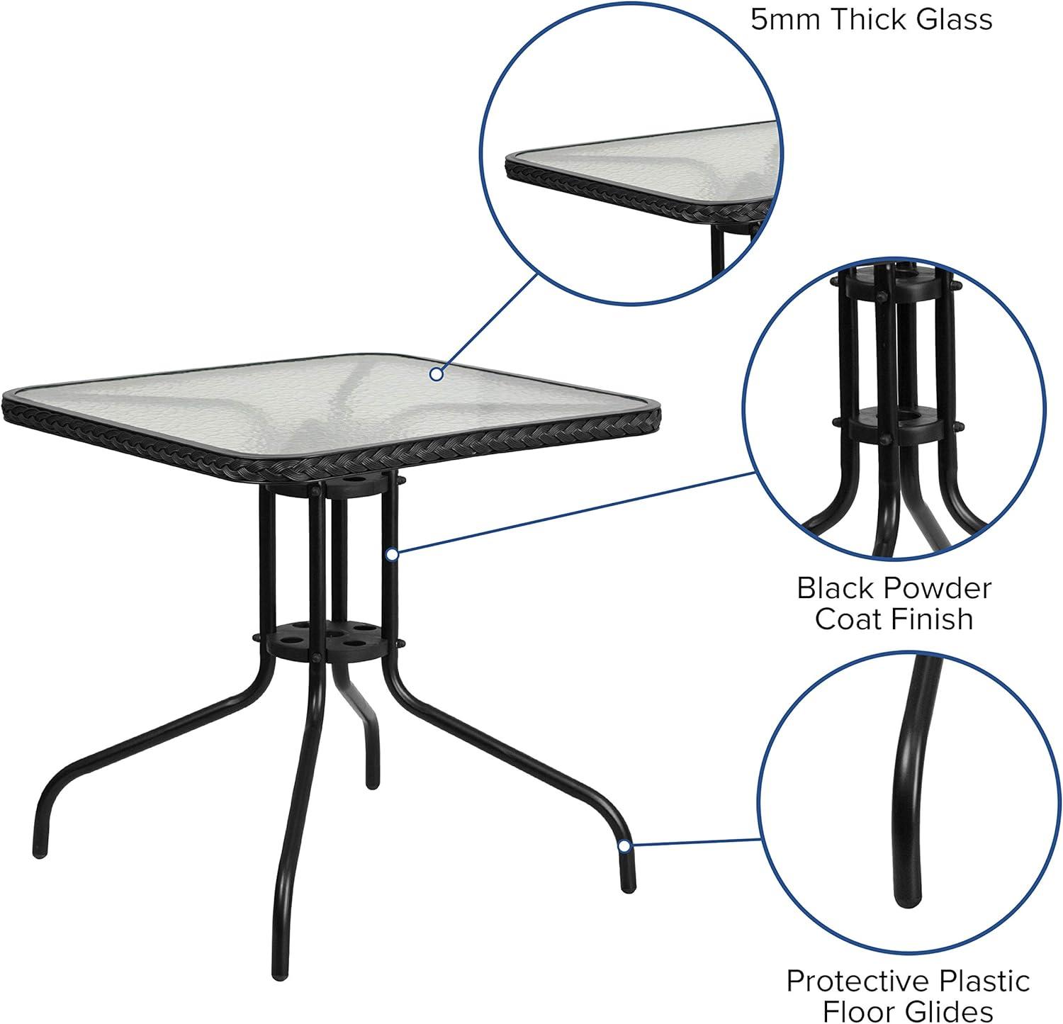 Emma and Oliver 28" Square Tempered Glass Metal Table with Rattan Edging