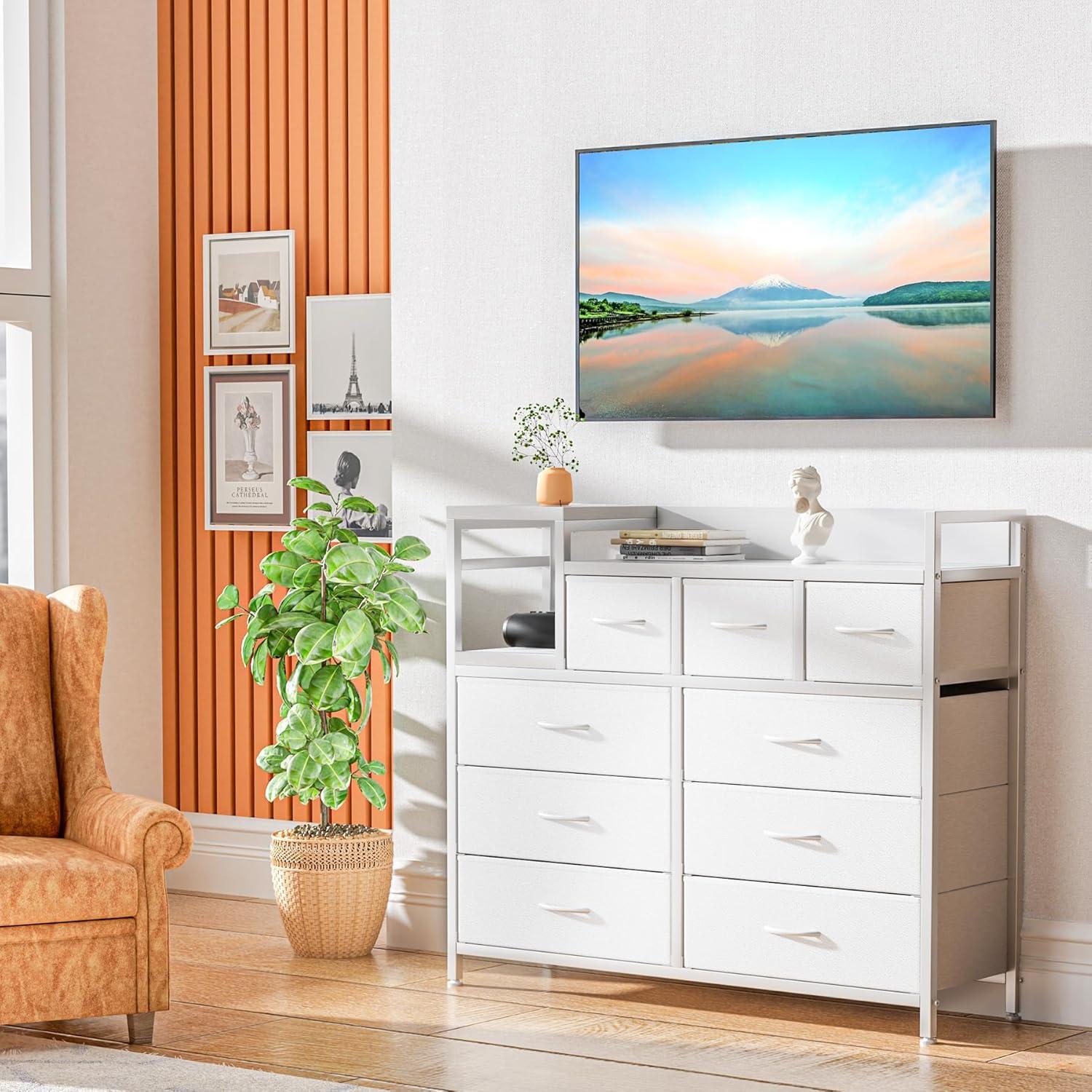 Dresser TV Stand with Power Outlet, Bedroom Dresser with 9 Drawers, Chest of Drawers for Living Room, Hallway(Rustic Brown)