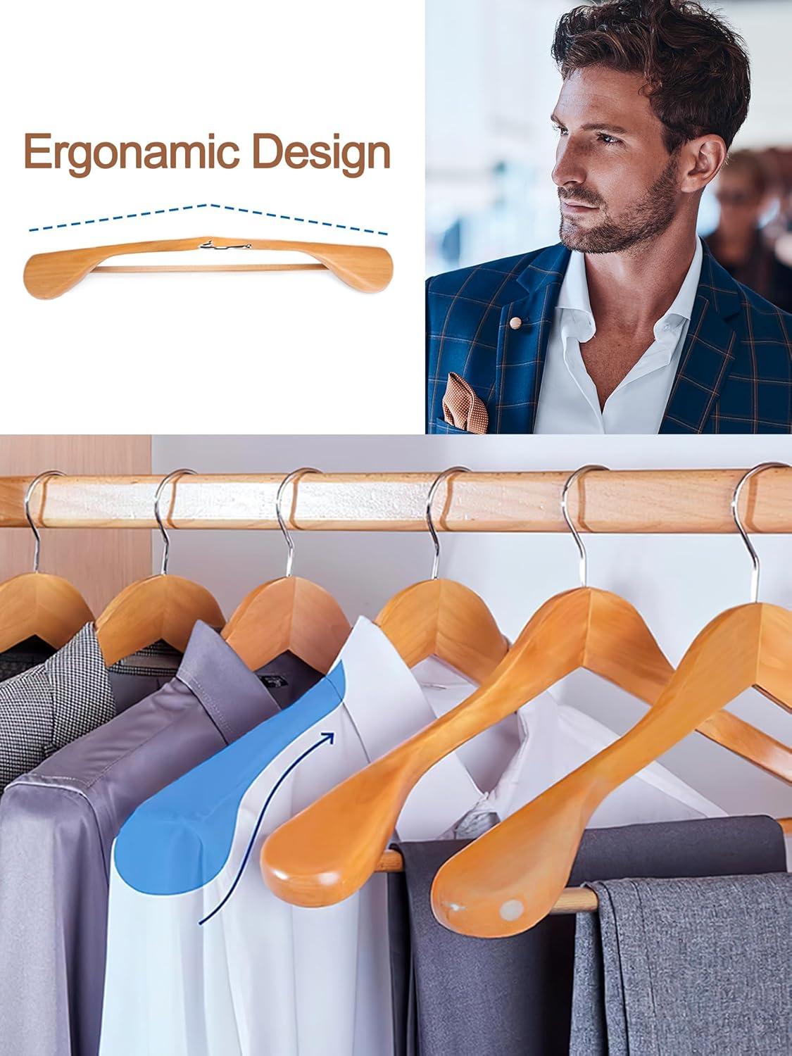 TOPIA HANGER Wide Shoulder Wooden Hangers, Suit Hangers with Non Slip Pants Bar & 360° Swivel Hook, Solid Wood Heavy Duty Coat Hanger, 6 Pack (Natural)-CT02NA