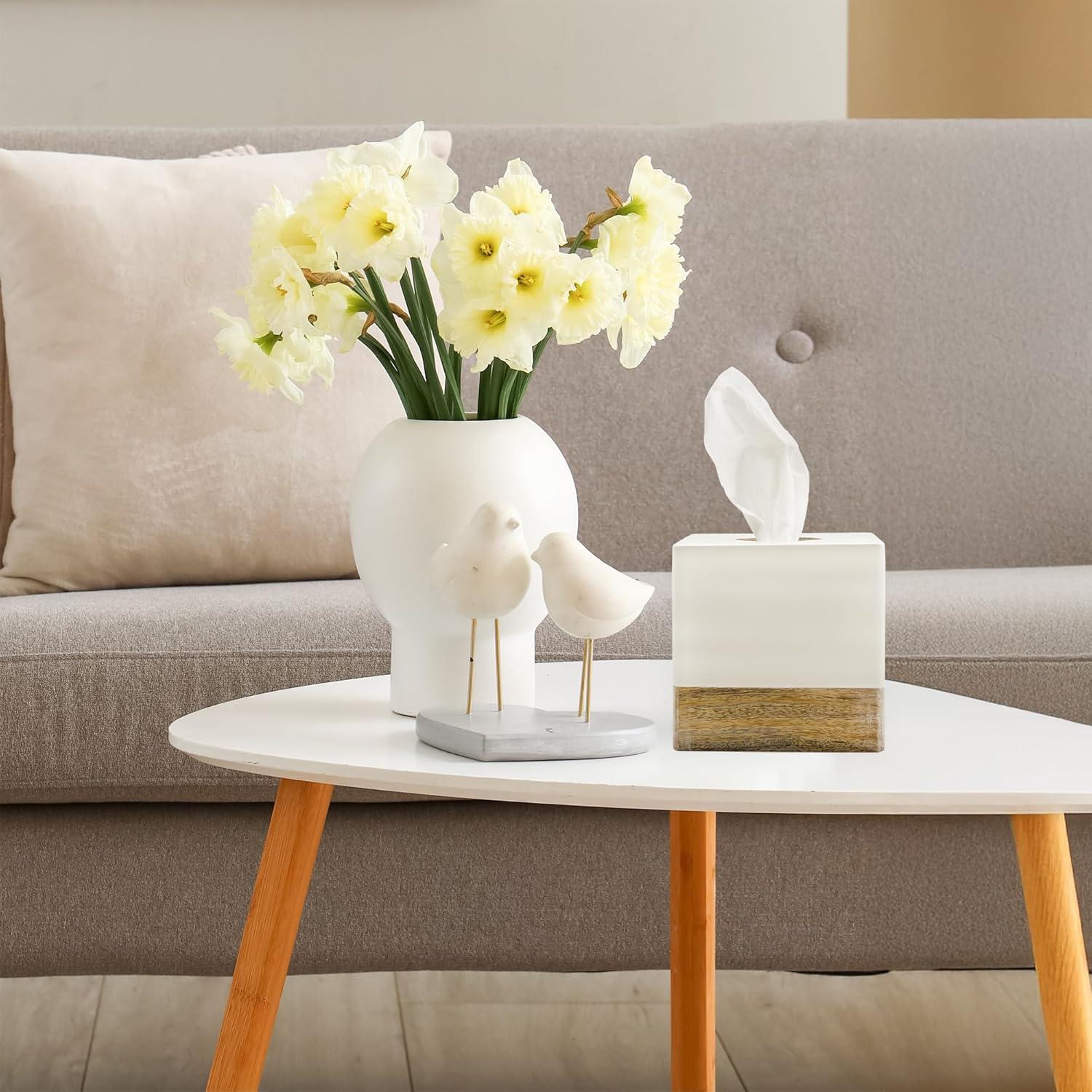 AuldHome Design Square Tissue Box Cover (Enamel/Mango Wood); Minimalist Scandinavian Decor White Cube Tissue Holder