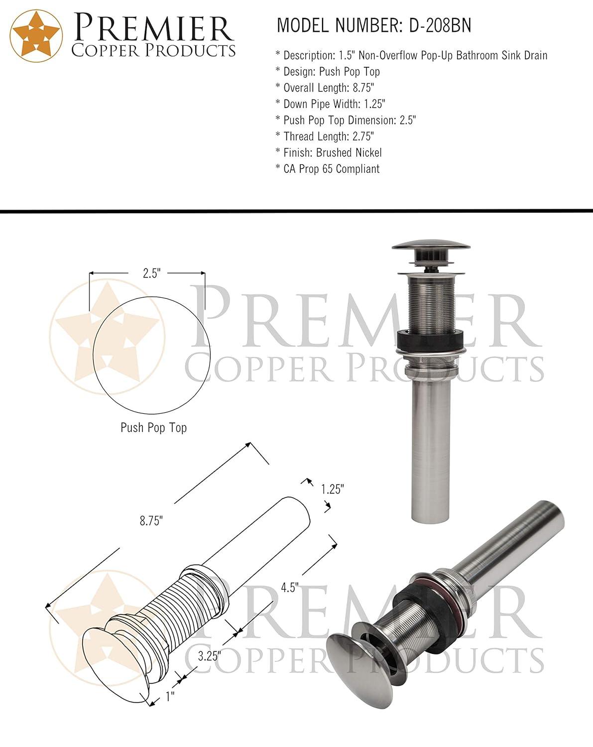 Premier Copper Products D-208BN 1.5" Non-Overflow Pop-up Bathroom Sink Drain - Brushed Nickel