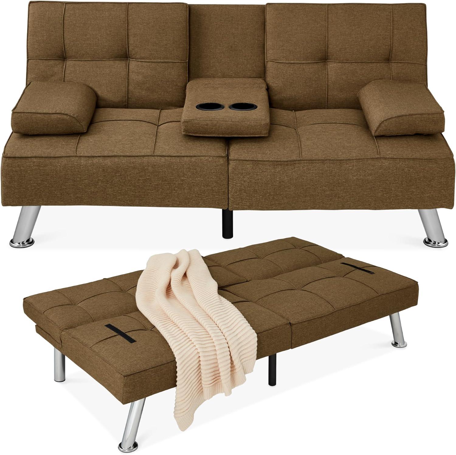 Best Choice Products Modern Linen Convertible Futon Sofa Bed w/ Removable Armrests, Metal Legs, Cupholders - Brown