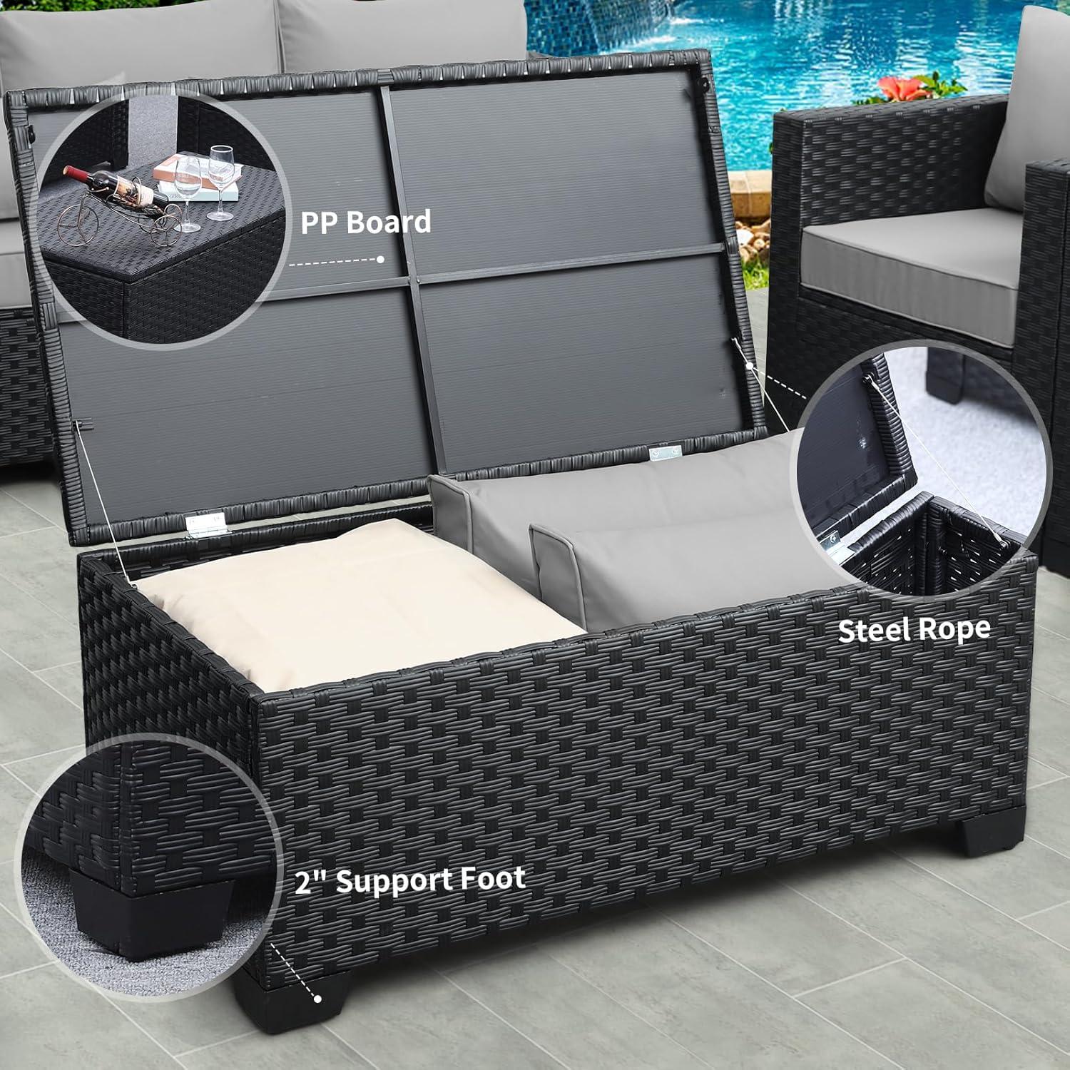 Rattaner Patio Wicker Furniture Set 6 Pieces Outdoor HDPE Wicker Conversation Couch Sectional Chair Sofa Set with Grey Cushions