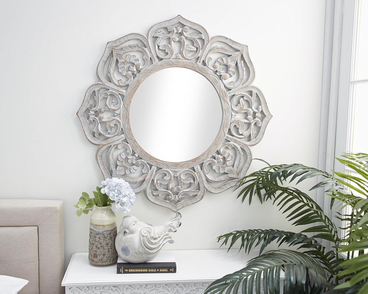 DecMode 32" x 32" White Carved Floral Wall Mirror with Cutout Design