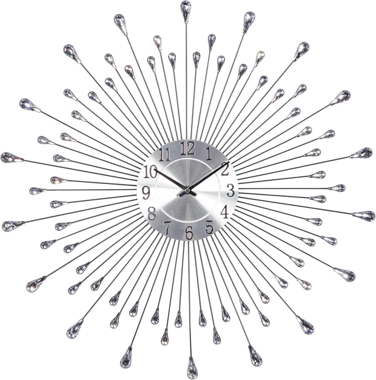 DecMode 23" Silver Metal Starburst Wall Clock with Crystal Embellishment