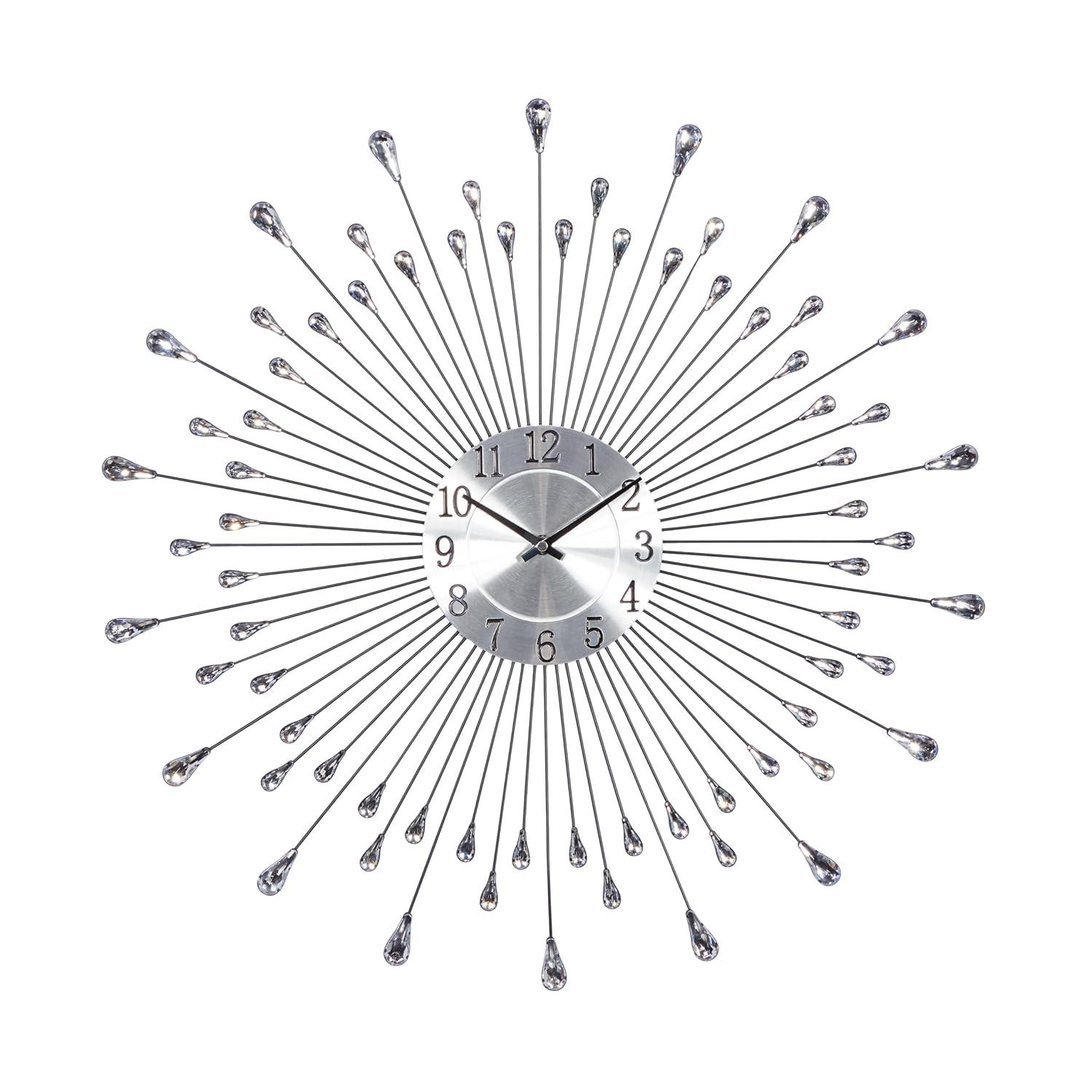 DecMode 23" Silver Metal Starburst Wall Clock with Crystal Embellishment
