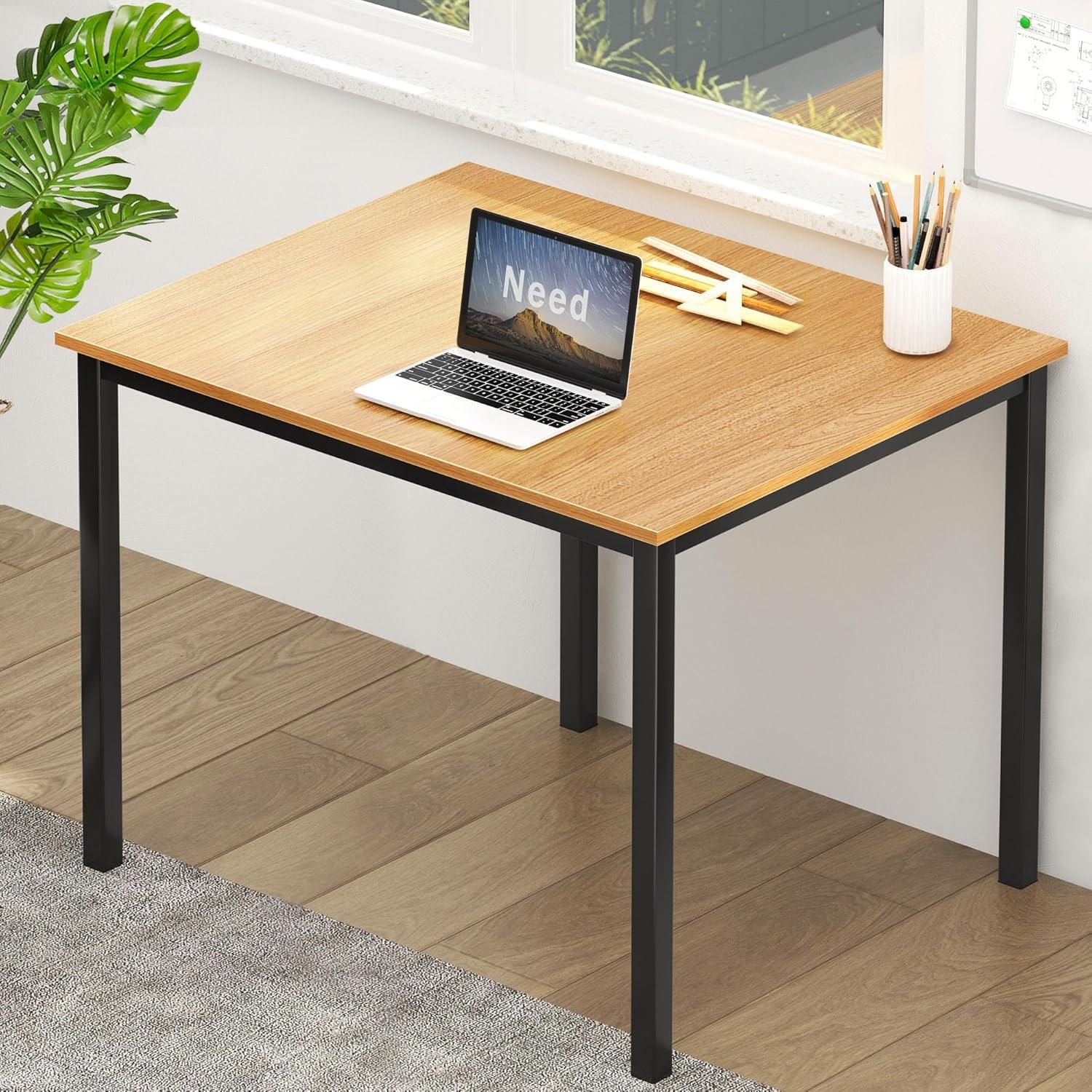 Teak and Black Rectangular Computer Desk with Drawer