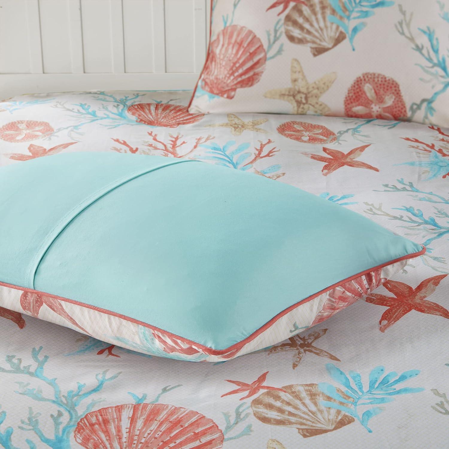 Coral and Teal Coastal Cotton Duvet Cover Set, Full/Queen, 6 Pieces