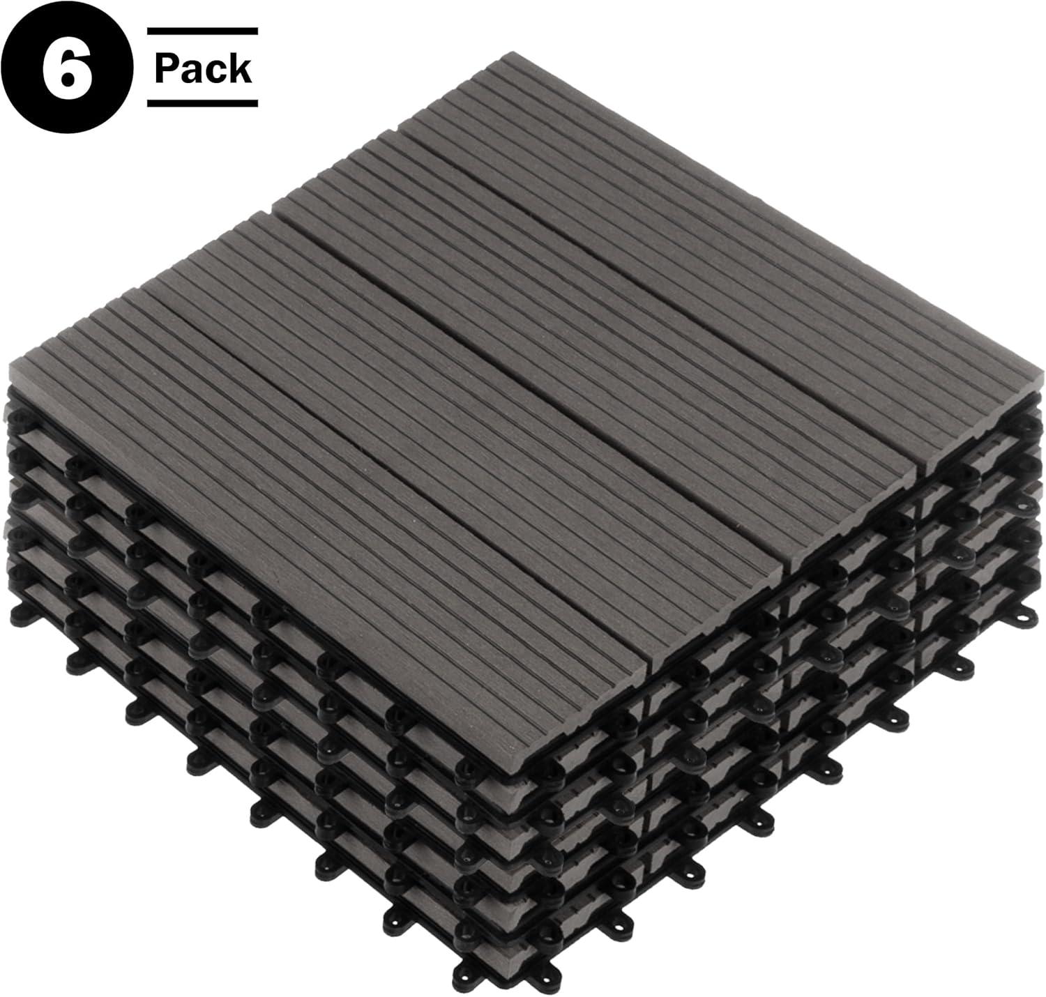 Deck Tiles - 6-Pack Wood Plastic Composite Interlocking Patio Tiles - 5.8SQFT Outdoor Flooring for Balcony, Porch, and Garage by Pure Garden