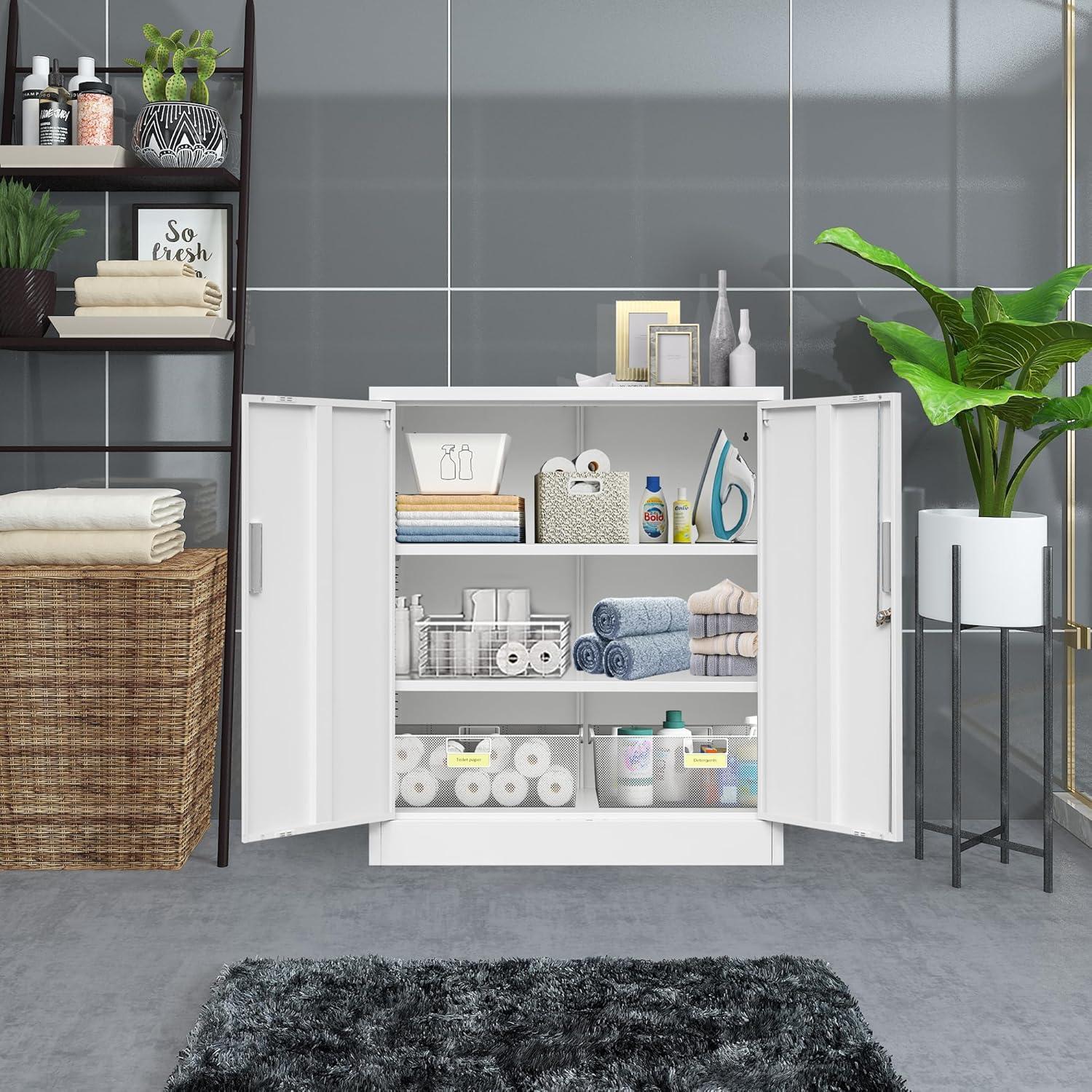 Metal Storage Cabinets with Shelves and Doors, Sideboard Buffet Cabinet for Kitchen, Entryway, Living Room, Home Office, Garage, Utility Room and Basement, 36.2" H x 31.5" W x 15.7" D (White)