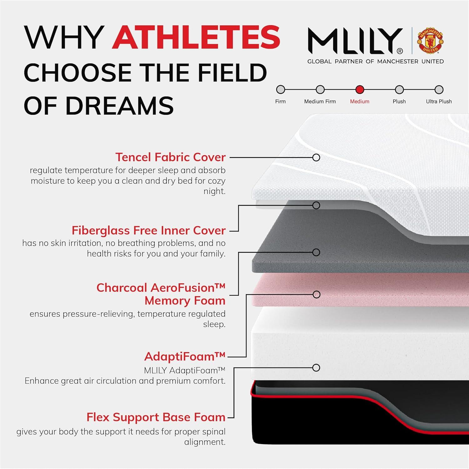 MLILY Manchester United Theatre 12 inch Memory Foam Mattress, Twin XL Size Mattress in a box,Medium Plush