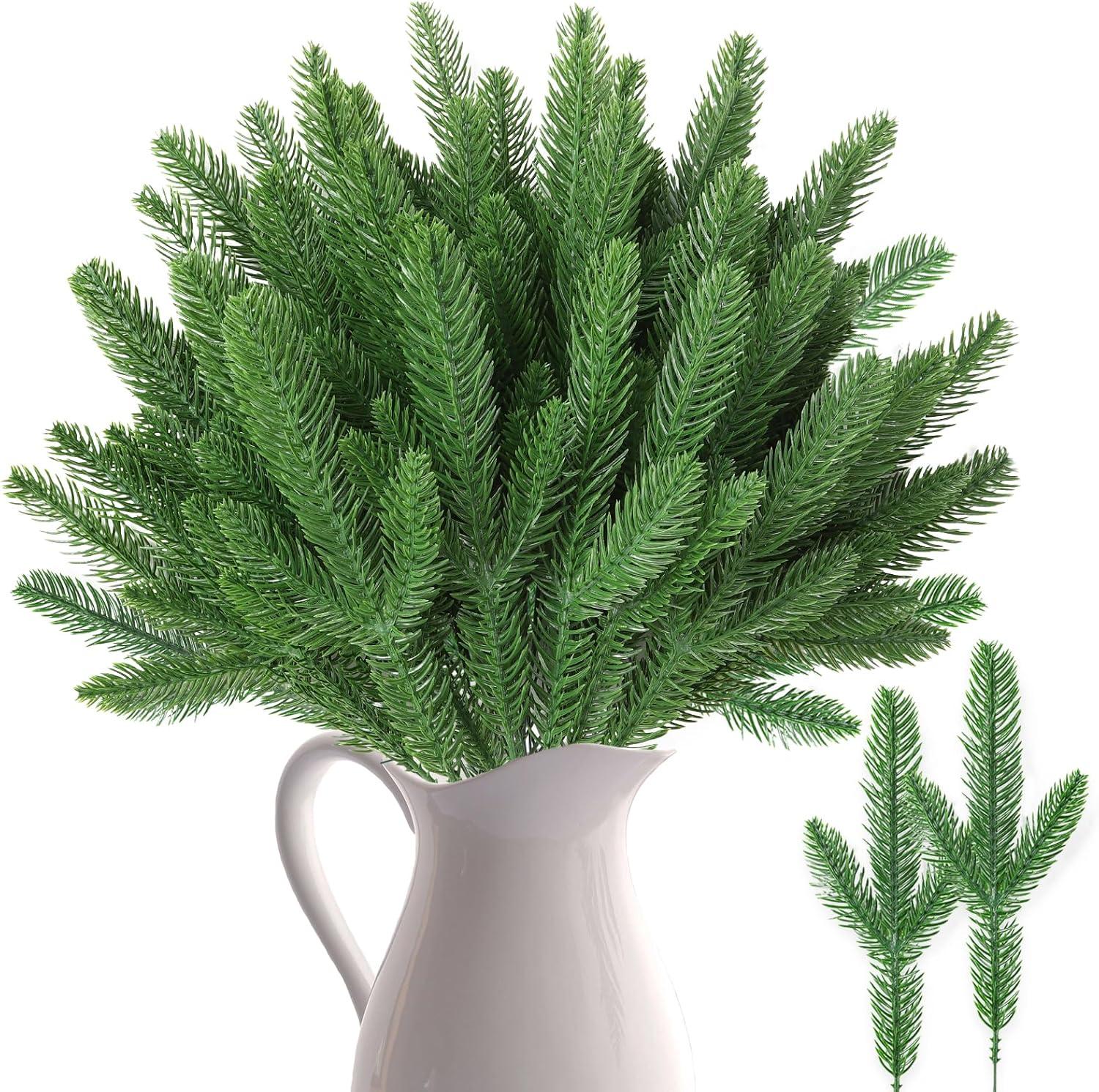 50 Pcs Artificial Pine Branches Christmas Pine Needles Green Plants Fake Greenery Pine Picks Christmas Decorations for DIY Garland Wreath Xmas Embellishing and Home Garden Decoration