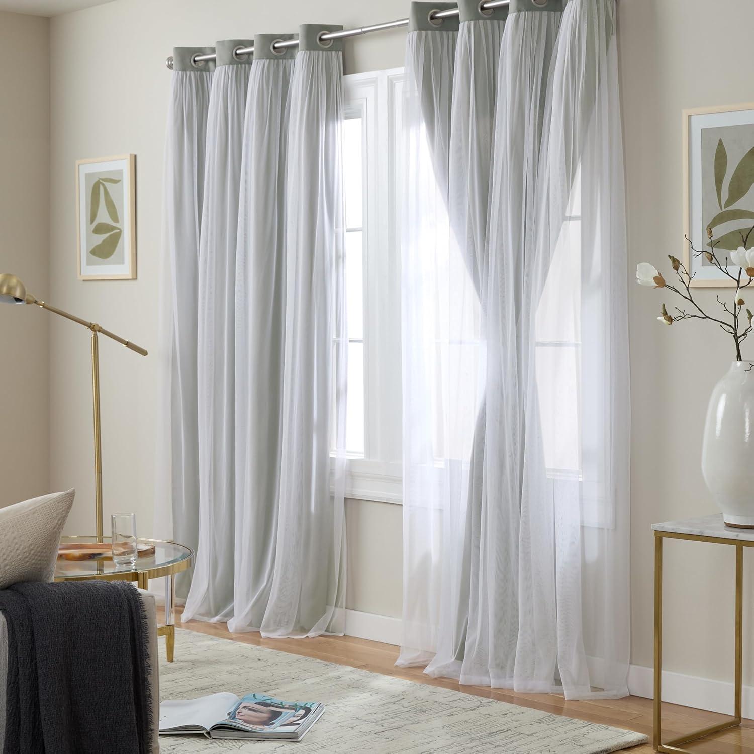 Exclusive Home Catarina Layered Solid Room Darkening Blackout and Sheer Grommet Top Curtain Panel Pair, 52"x108", Soft Grey