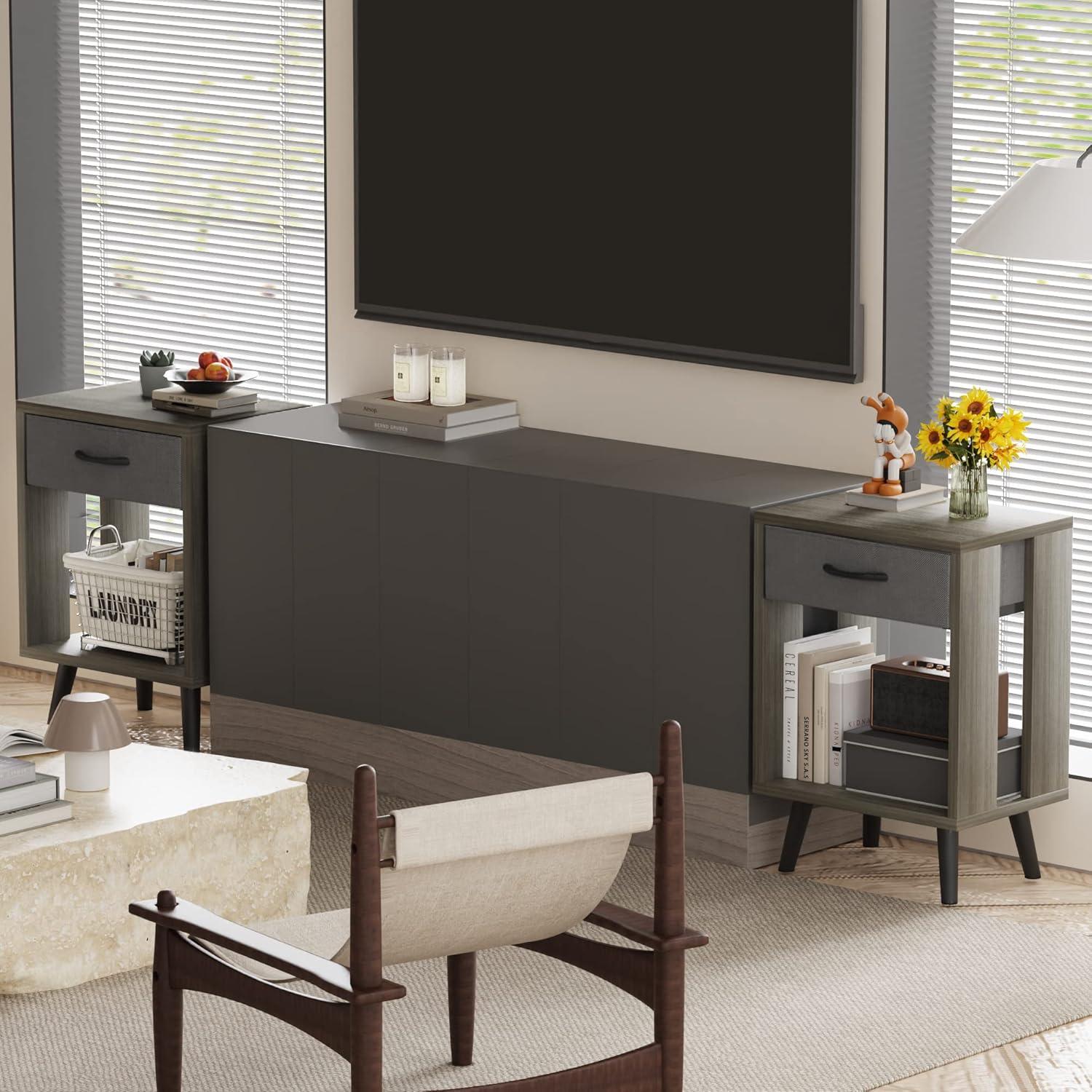 Nightstands Set Of 2 With Fabric Storage Drawer And Open Wood Shelf, Side Table With Storage For Bedroom, Bedside Tables - 23.7" H