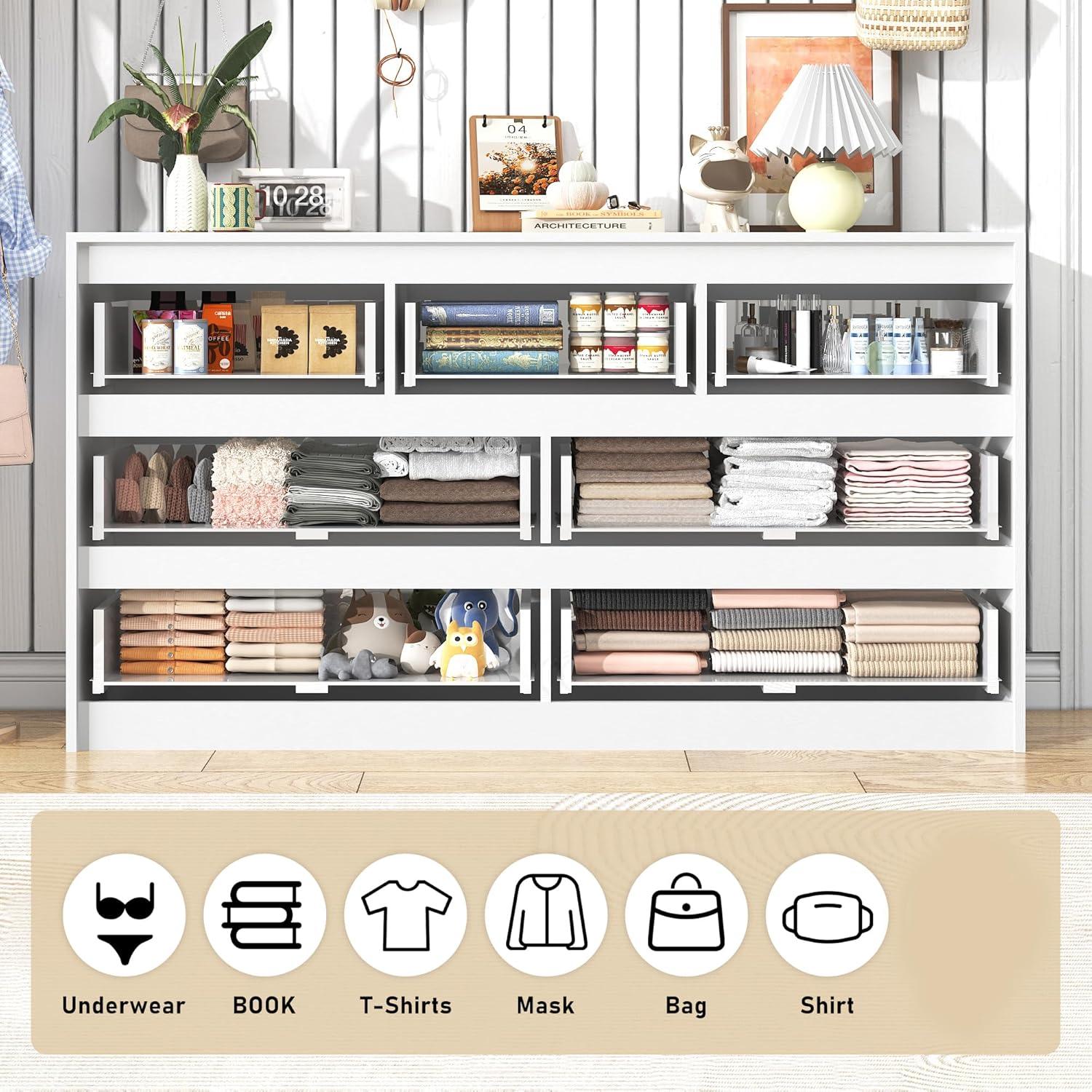Ebern Designs White Dresser for Bedroom with 7 Drawers, Modern High Gloss Large Dresser with 7 Handle Free Drawers, 55 Inch Wooden Long Dresser, Storage Chest of Drawers