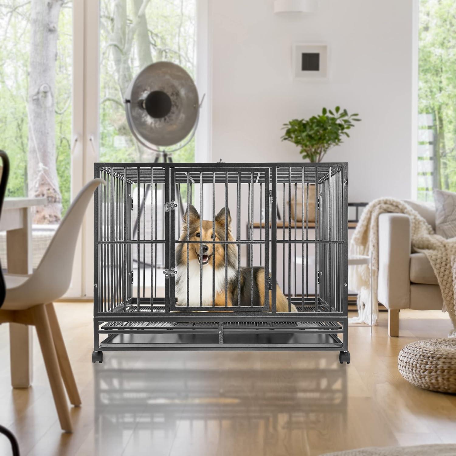 Large Gray Heavy-Duty Rolling Dog Crate with Tray