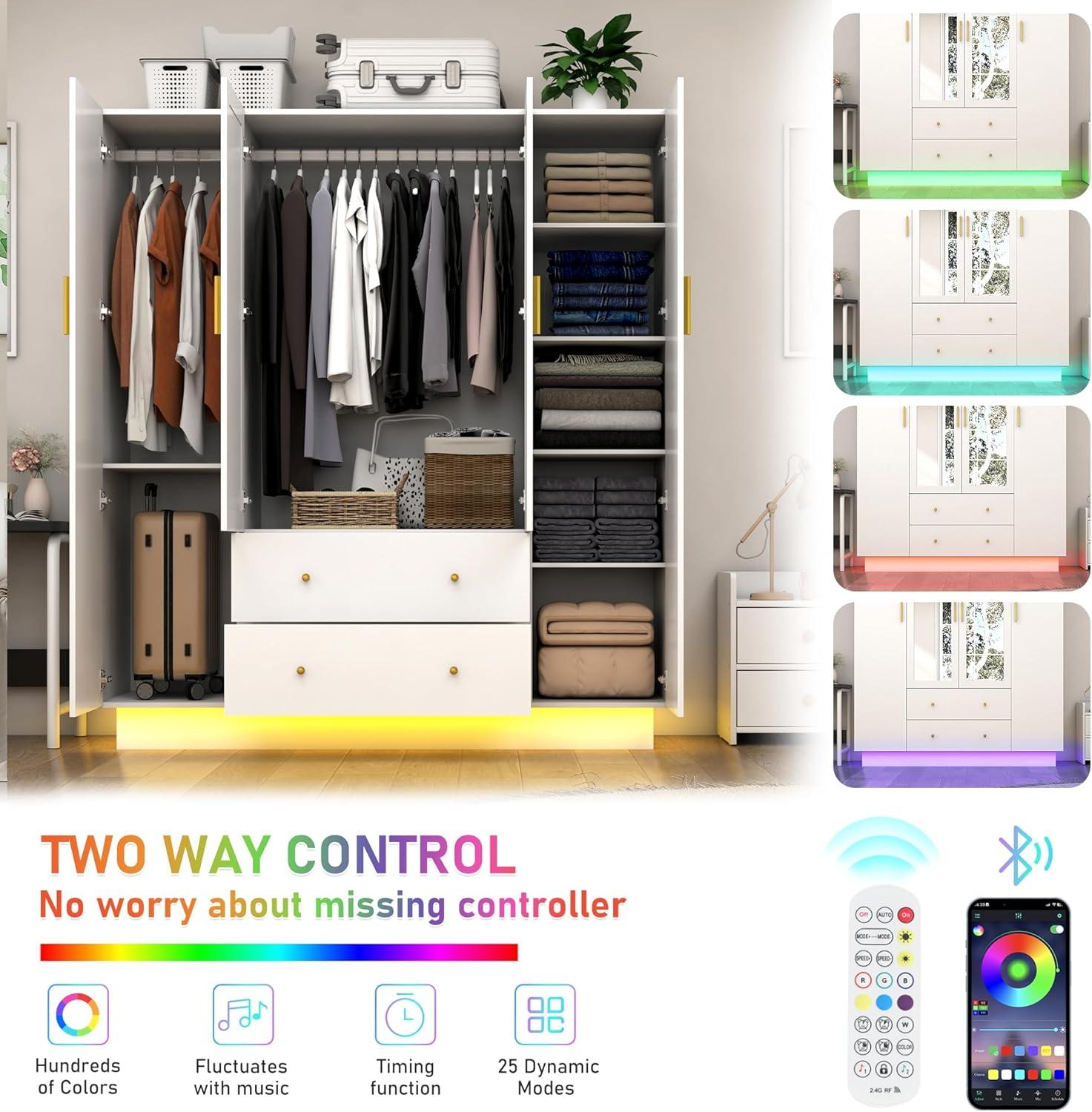 Armoire Wardrobe Closet With Mirror & Led Light, 4 Door Wooden Storage Cabinet With Drawers, Spacious Armoire With Hanging Rod & Adjustable Shelves