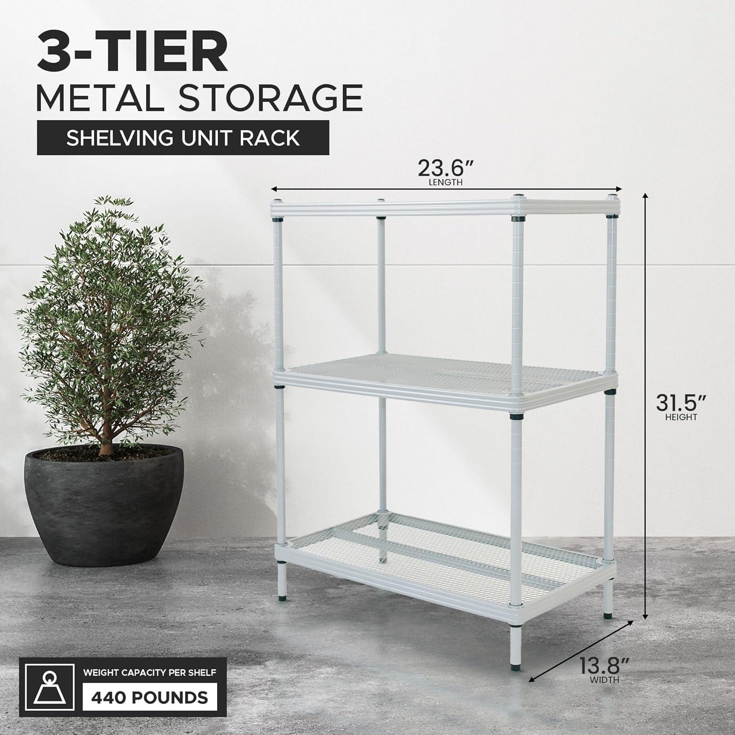 Design Ideas MeshWorks 3 Tier Full-Size Metal Storage Shelving Unit Rack for Kitchen, Office, and Garage Organization, 23.6” x 13.8” x 31.5,” Silver