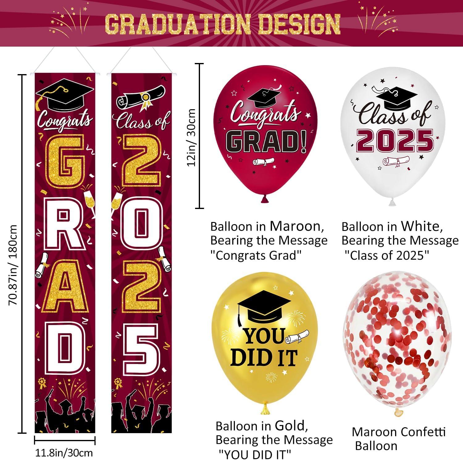 2025 Graduation Party Decoration, Red Gold Themed Set with Congrats Grad Banner, Balloons, Foil Number 2025 for Class of 2025 Graduation Party Supplies