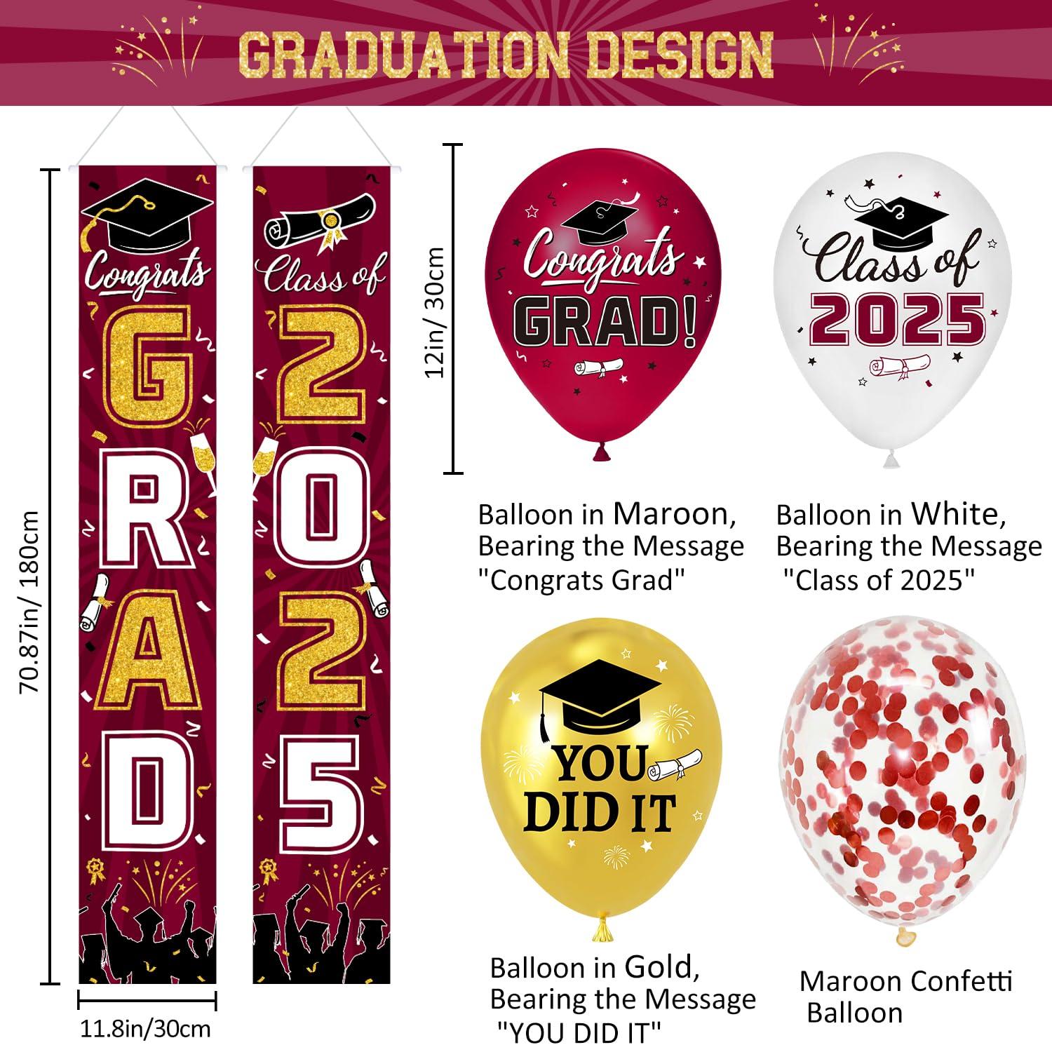 Graduation Party Decorations Class of 2025 Graduation Party Supplies Congrats Grad Banner Class of 2025 Backdrop, Paper Pompoms, Balloons for Congrats Grad Party Decorations (Burgundy-Gold)