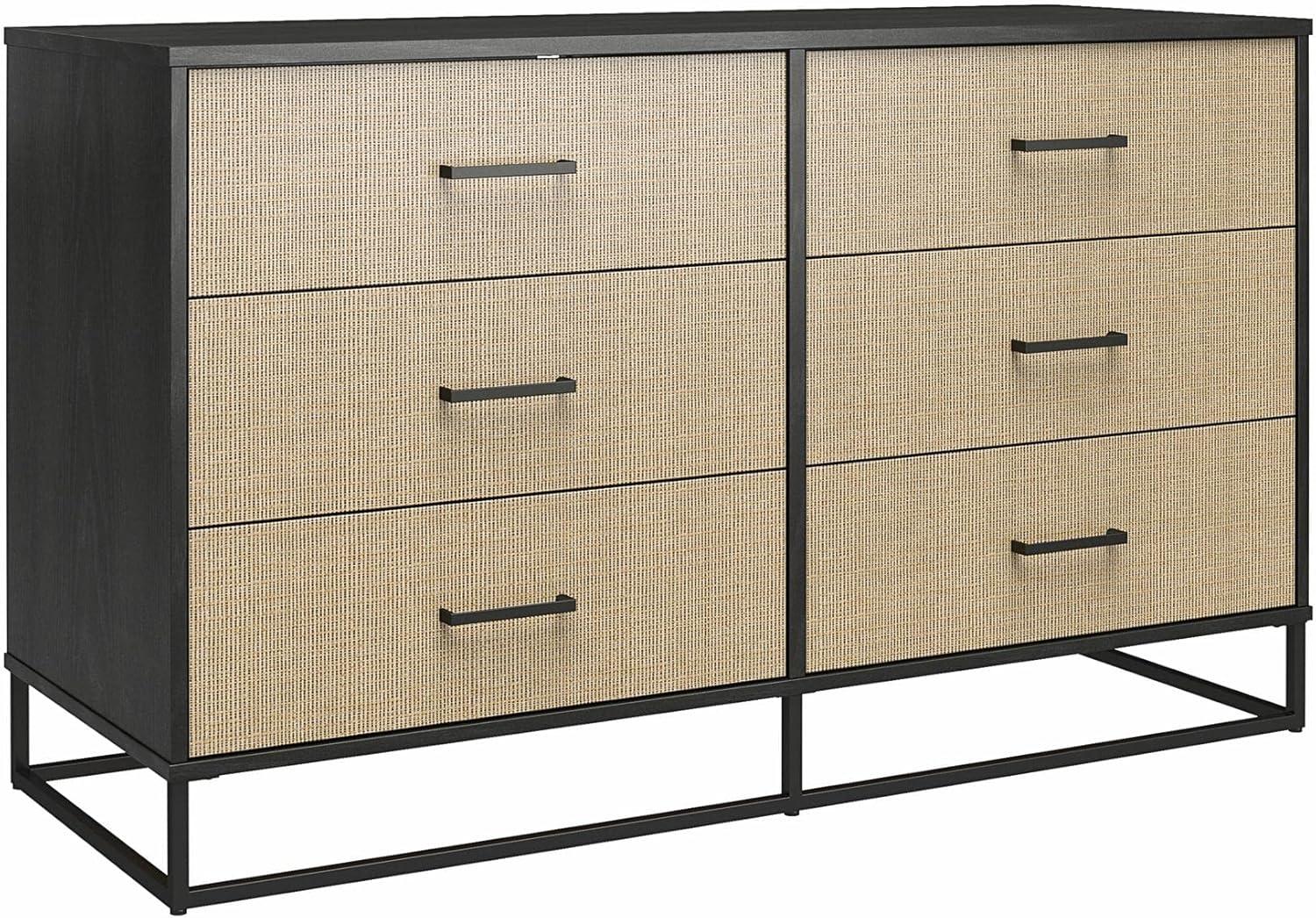 Coastal Black Oak & Faux Rattan 6-Drawer Dresser