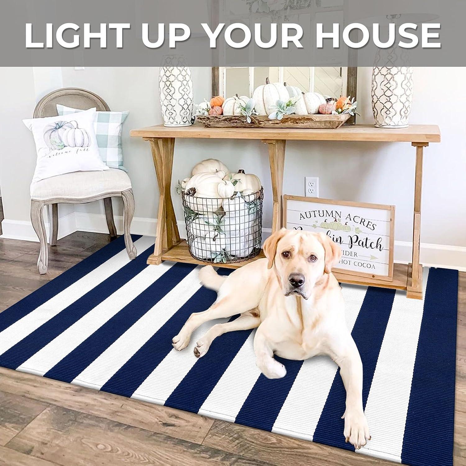 IOHOUZE Navy and White Striped Rug 2'x3' Front Door Rugs, Small Washable Area Rug for Front Porch, Spring Summer Doormats Outdoor Indoor, Cotton Rugs for Entryway Porch Entrance