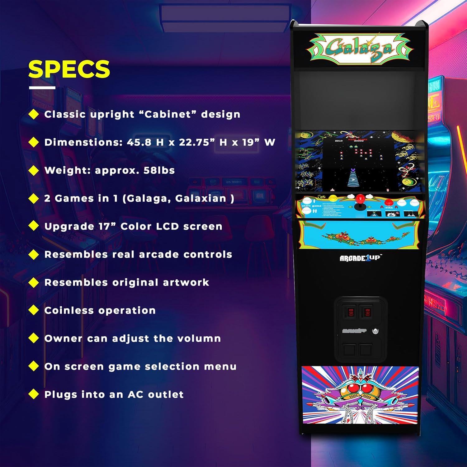 Arcade1Up Galaga Deluxe Arcade Machine with 14 Games Bundled with Adjustable Stool, Wi-Fi Leaderboards, 17" Monitor, Light Up Marquee, Black