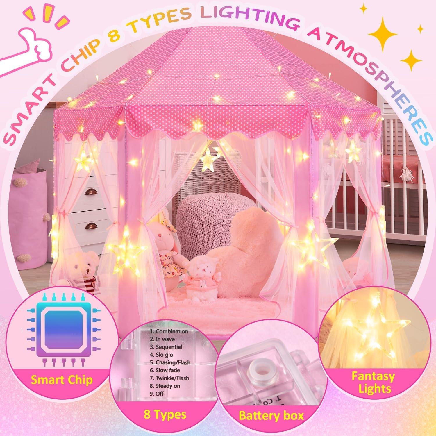 EVOIONOS Princess Tent for Girls, Kids Play Tent with LED Star Lights, Castle Playhouse for Children Indoor Outdoor Games, 55X53 inches, Pink