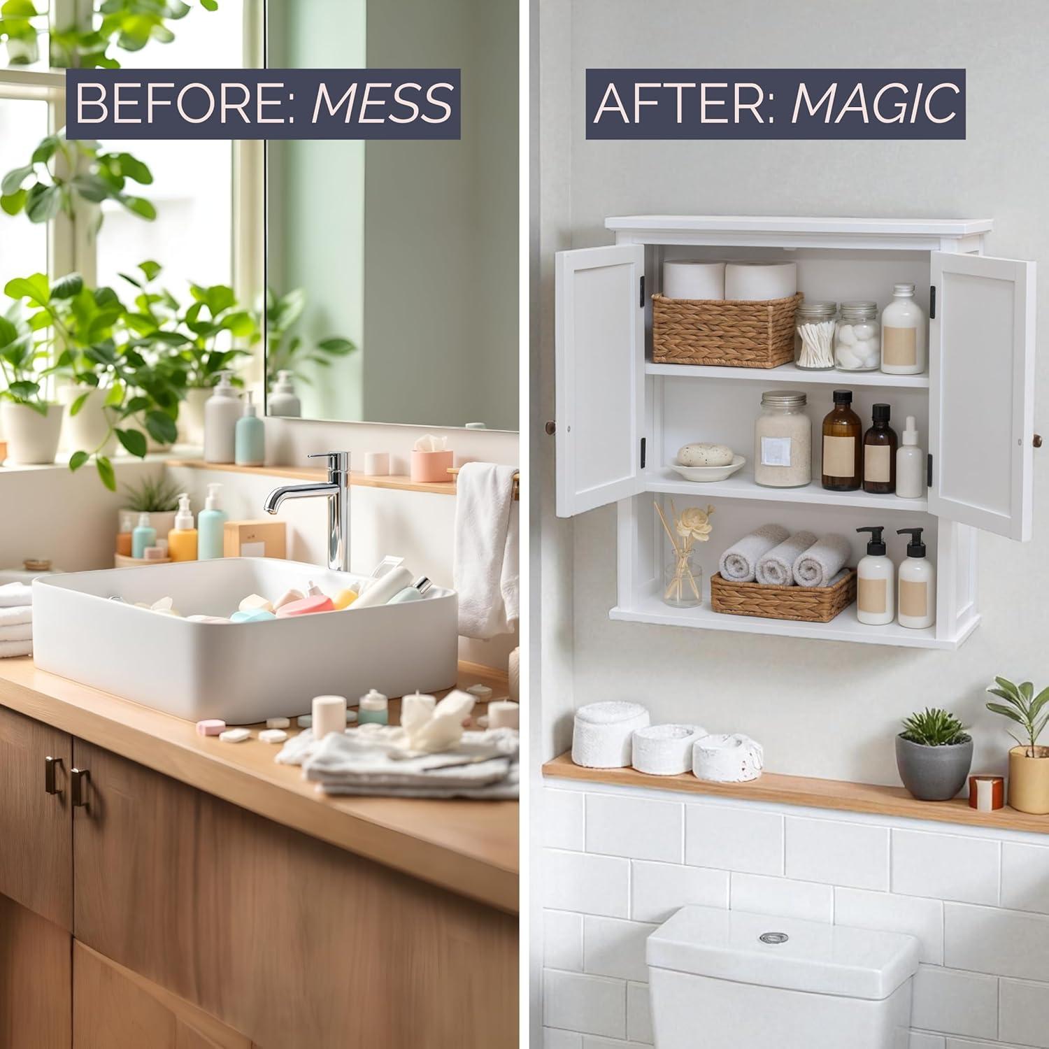 Dorset Wall Mounted Bath Storage Cabinet with Two Doors and Open Shelf White - Alaterre Furniture: Hardwood Medicine Cabinet, Adjustable Shelf