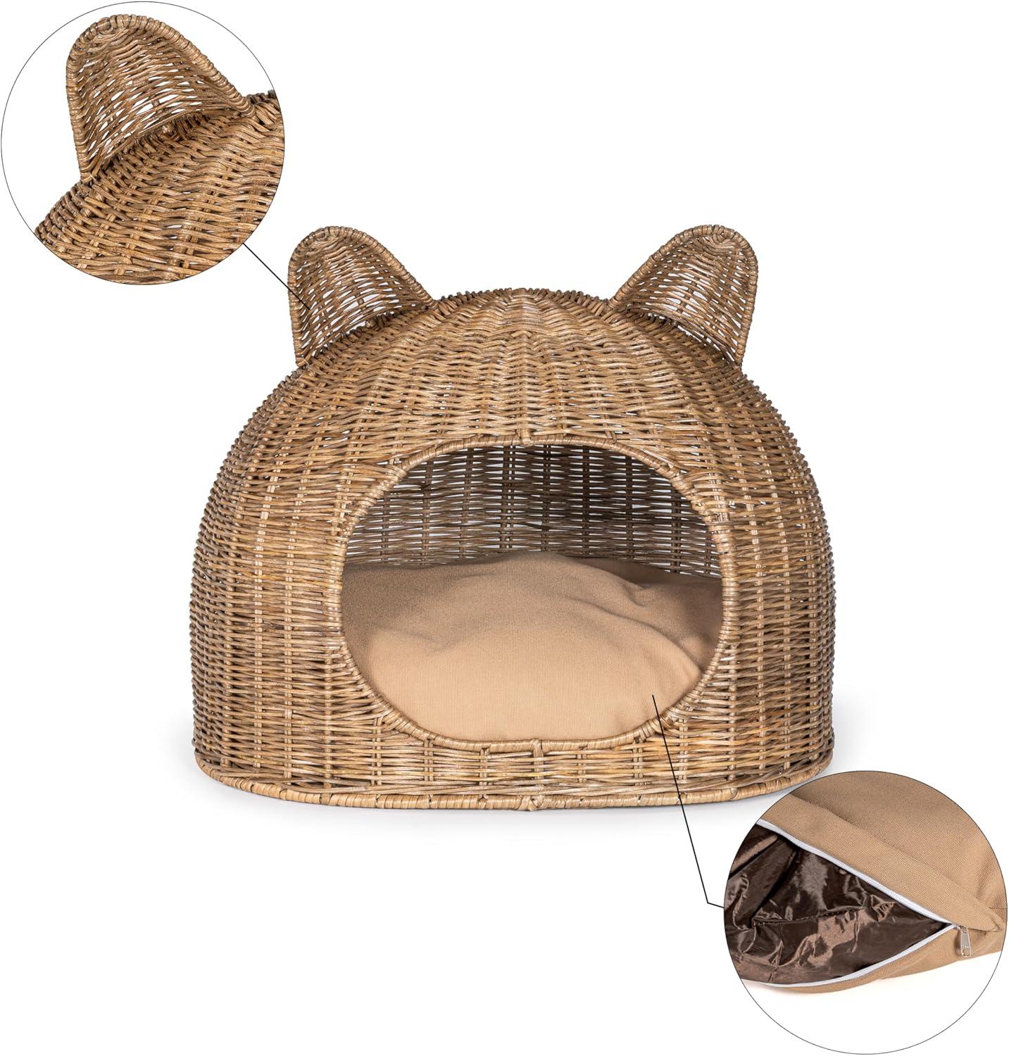 Cat Ear Coastal Handwoven Rattan Cat Bed with Machine-Washable Cushion