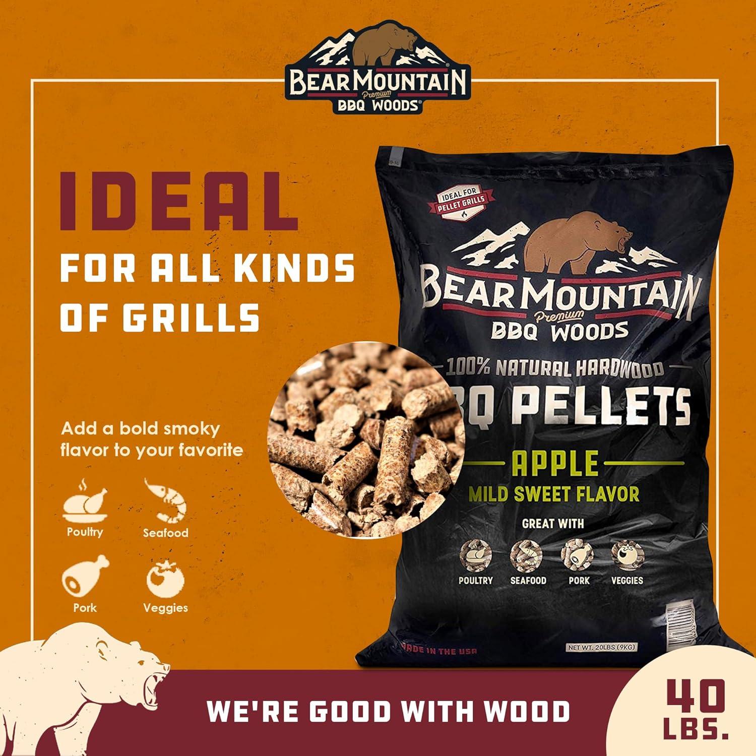 Bear Mountain BBQ Premium All Natural Mild and Sweet Apple Smoker Wood Chip Pellets For Outdoor Gas, Charcoal, and Electric Grills, 40 Pound Bag