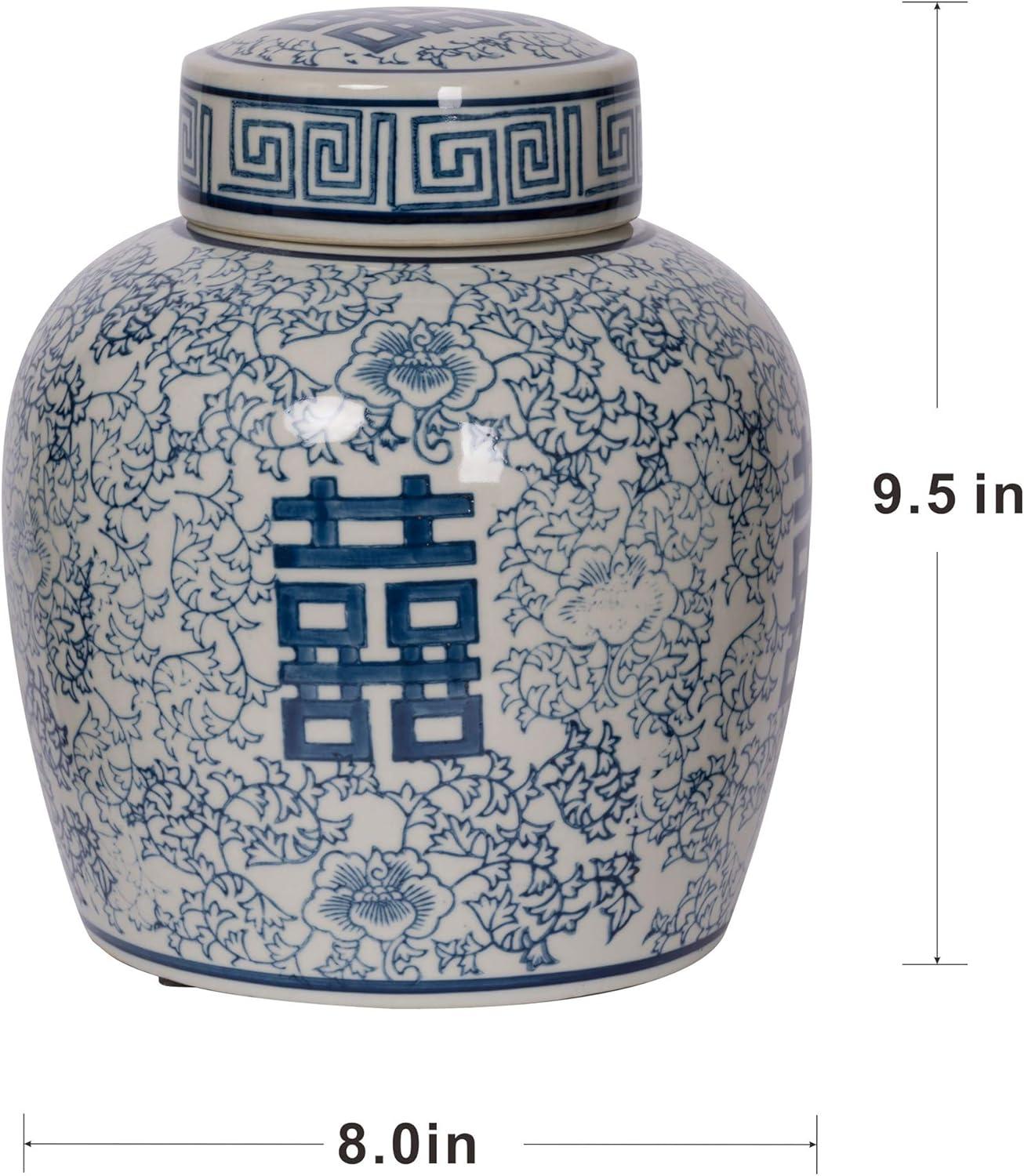 A&B Home Blue and White Ceramic Ginger Jar with Lid Ancient Chinese Oriental Style Multi Purpose 7.9" x 7.9" x 9.4"