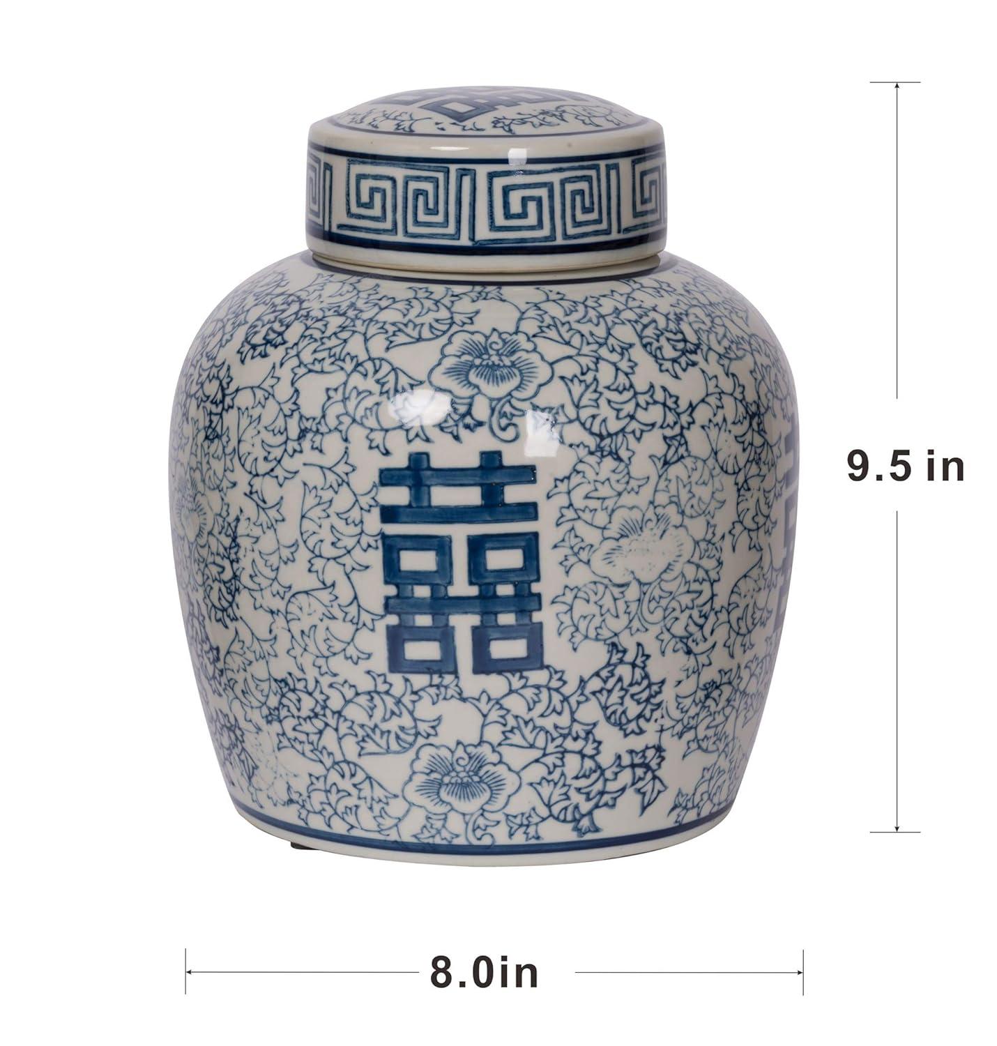 A&B Home Blue and White Ceramic Ginger Jar with Lid Ancient Chinese Oriental Style Multi Purpose 7.9" x 7.9" x 9.4"