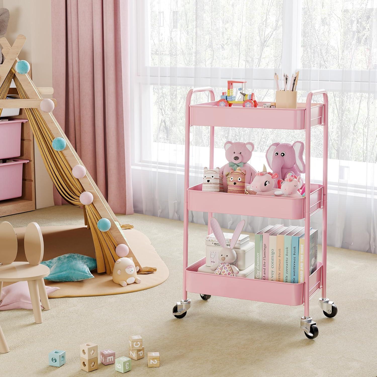 Pink 3-Tier Rolling Utility Cart with Alloy Steel Frame