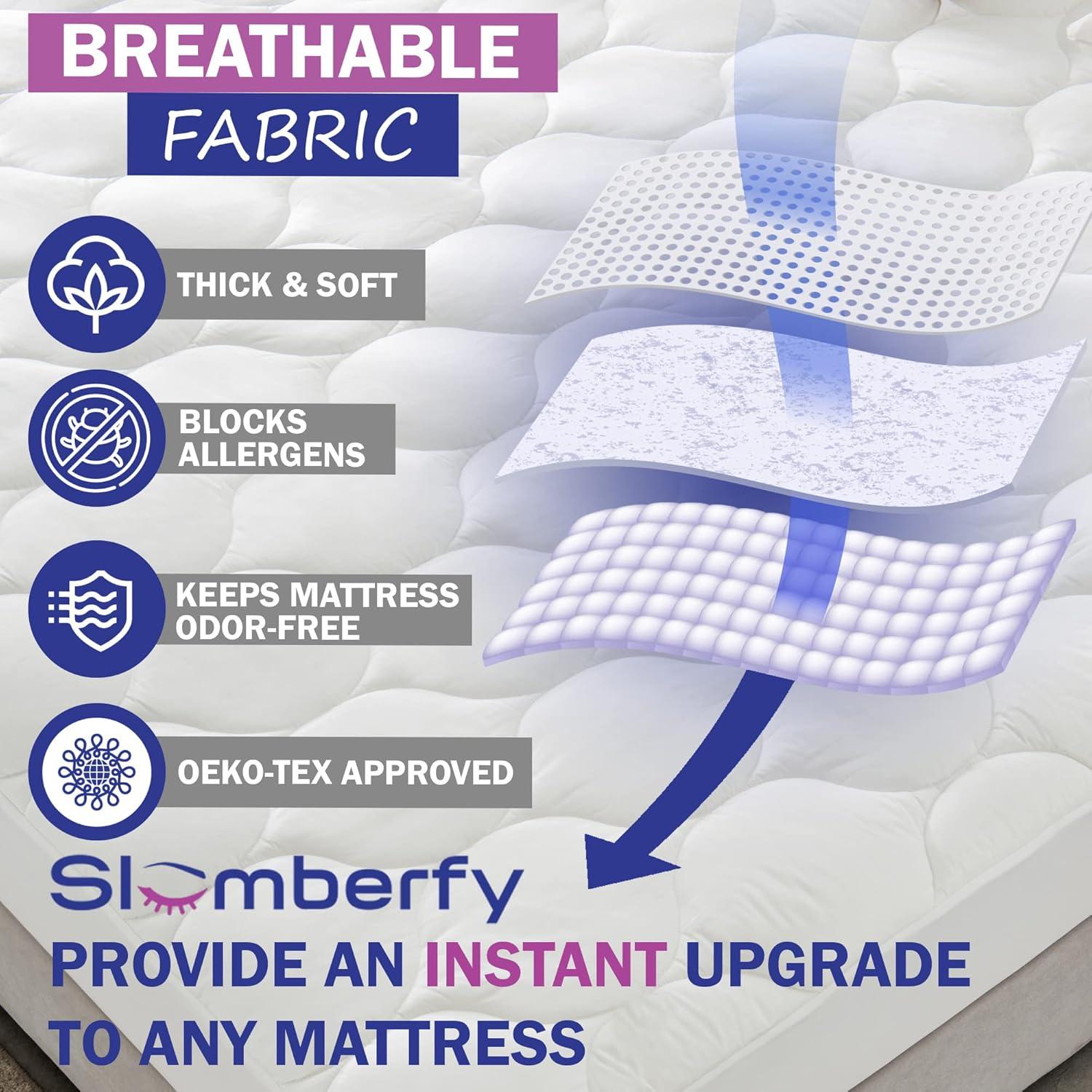 Cal King Size Waterproof Premium Mattress Pad by Slumberfy, Skin-Safe Mattress Pad with Bamboo Topper, All Natural & Breathable Fabric, Quilted, Fitted Bed Cover, Cooling Mattress Topper – 60x80 in.
