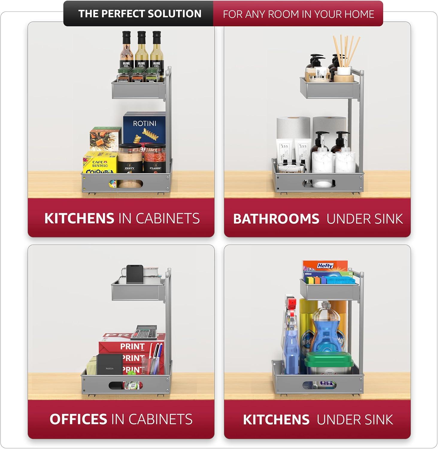 Sorbus Sorbus Under Sink Organizer with Sliding Tracks and Adhesive Tape - 2-Tier Pull-Out Storage Rack for Kitchen and Bathroom - No Drill Under Sink Organization Storage Cabinet Shelf, Set of 2