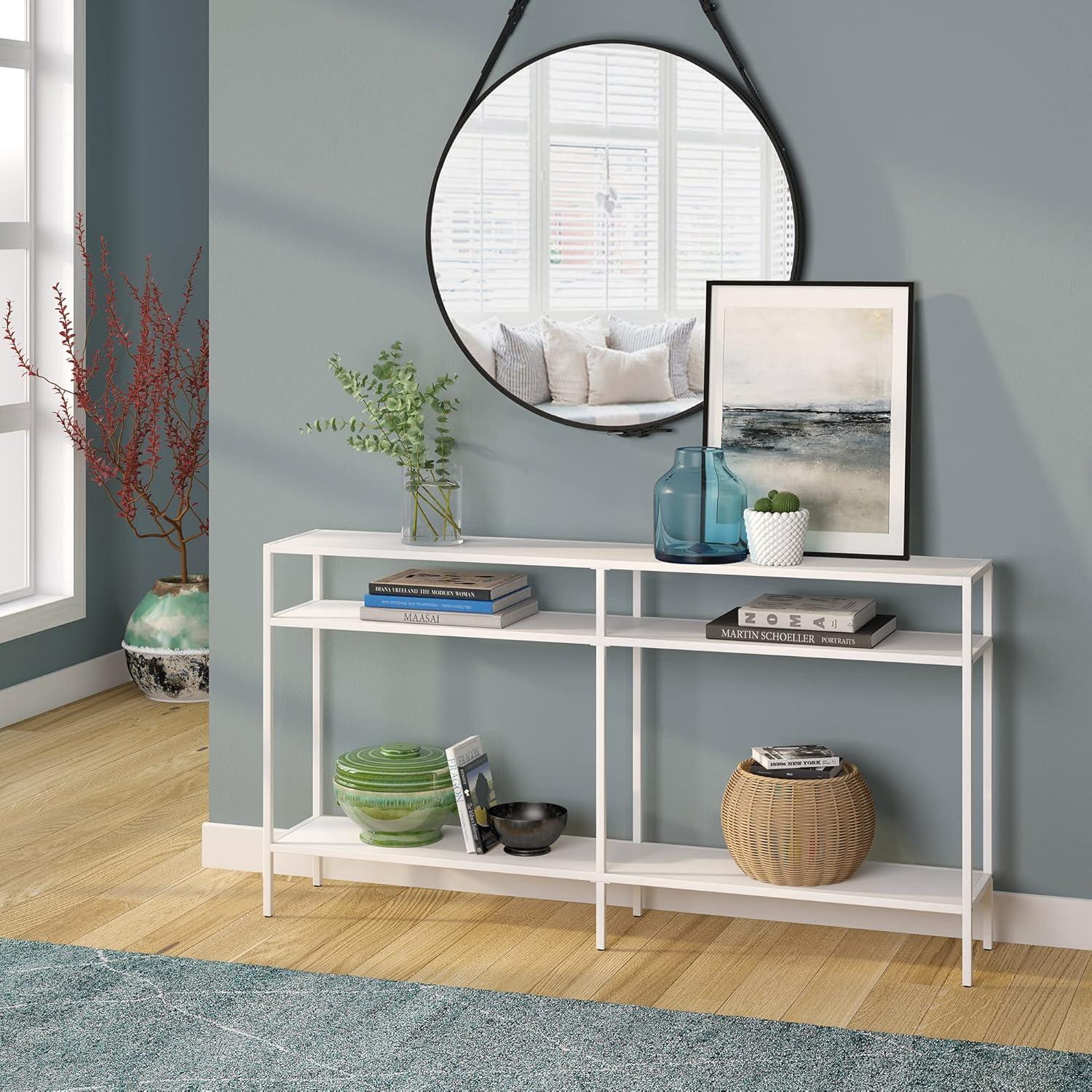 Evelyn&Zoe Sivil 55" Wide Rectangular Console Table with Metal Shelves, Matte White