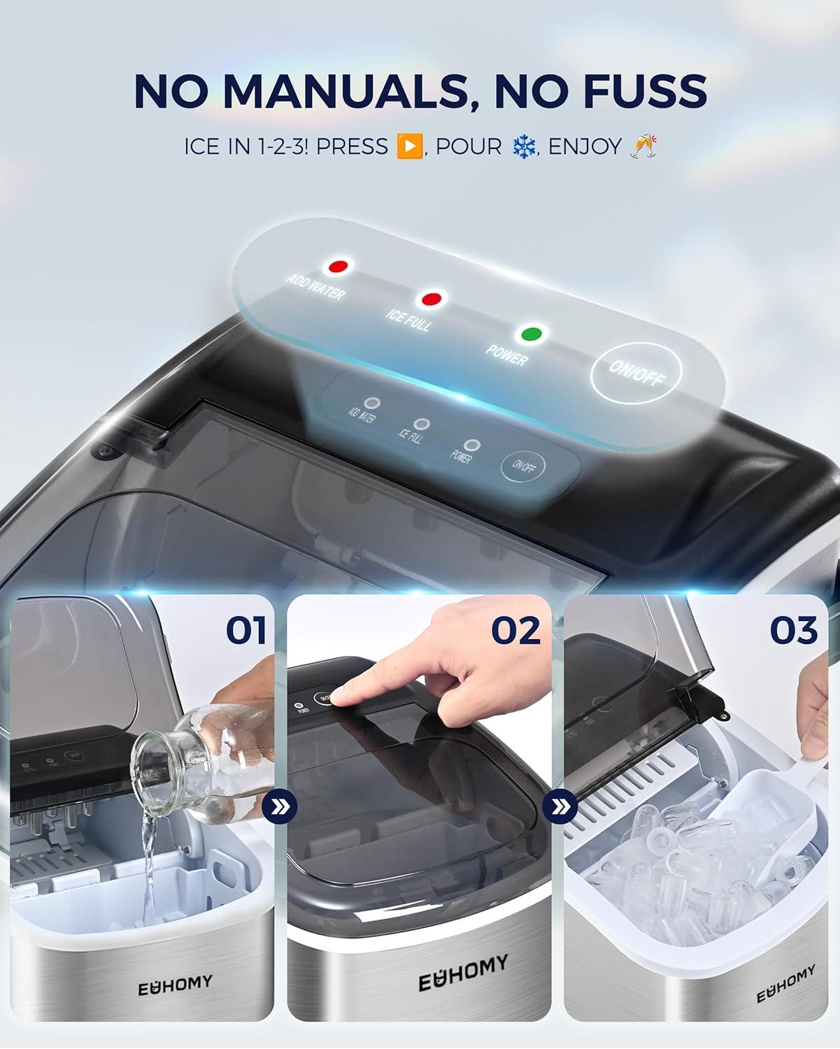 Ice Maker Countertop with Handle, 26lbs in 24Hrs, 9 Ice Cubes Ready in 6 Mins, Auto-Cleaning Portable Ice Maker with Basket and Scoop, for Home/Kitchen/Camping/RV. (2024 New Silver) Utensils