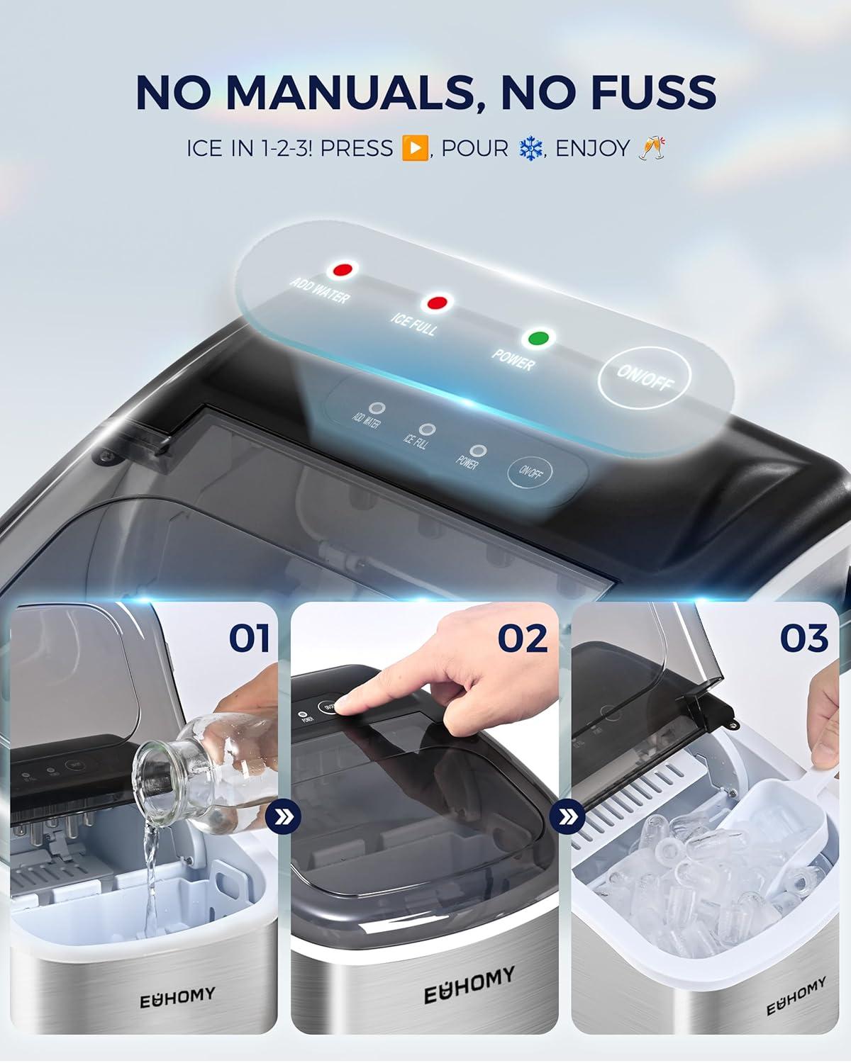 Ice Maker Countertop with Handle, 26lbs in 24Hrs, 9 Ice Cubes Ready in 6 Mins, Auto-Cleaning Portable Ice Maker with Basket and Scoop, for Home/Kitchen/Camping/RV. (2024 New Silver) Utensils