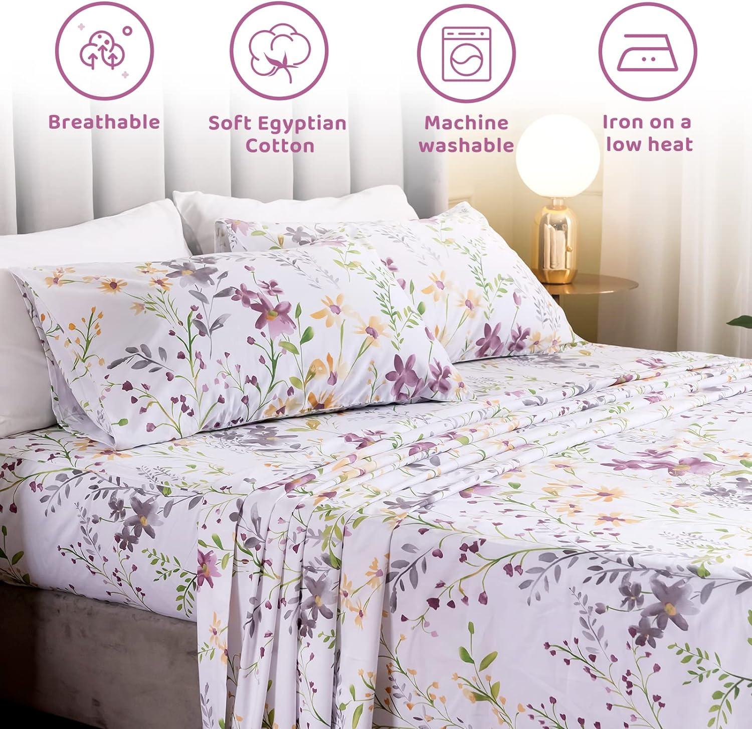 QSH Floral Queen Size Sheet Sets - Yellow Wild Flower Botanical Pattern Egyptian Cotton Printed Bedding Sheets Set Queen Size Bed Extra Breathable 4pcs Queen Sheet Set Deep Pocket 17.5"