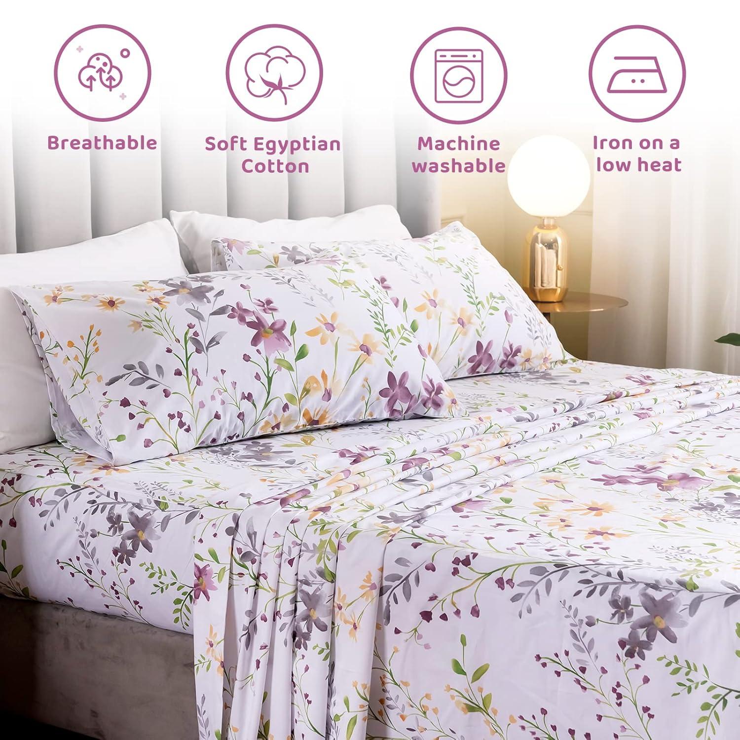 QSH Floral Queen Size Sheet Sets - Yellow Wild Flower Botanical Pattern Egyptian Cotton Printed Bedding Sheets Set Queen Size Bed Extra Breathable 4pcs Queen Sheet Set Deep Pocket 17.5"