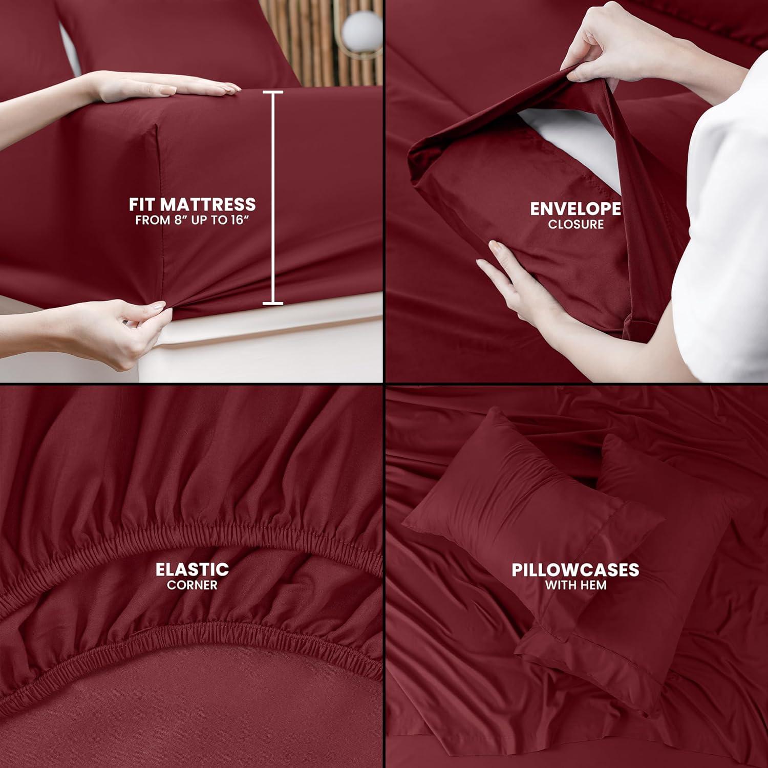 King Bed Sheets Set - 4 Piece Bedding - Brushed Microfiber - Shrinkage and Fade Resistant - Easy Care (King, Red Burgundy)