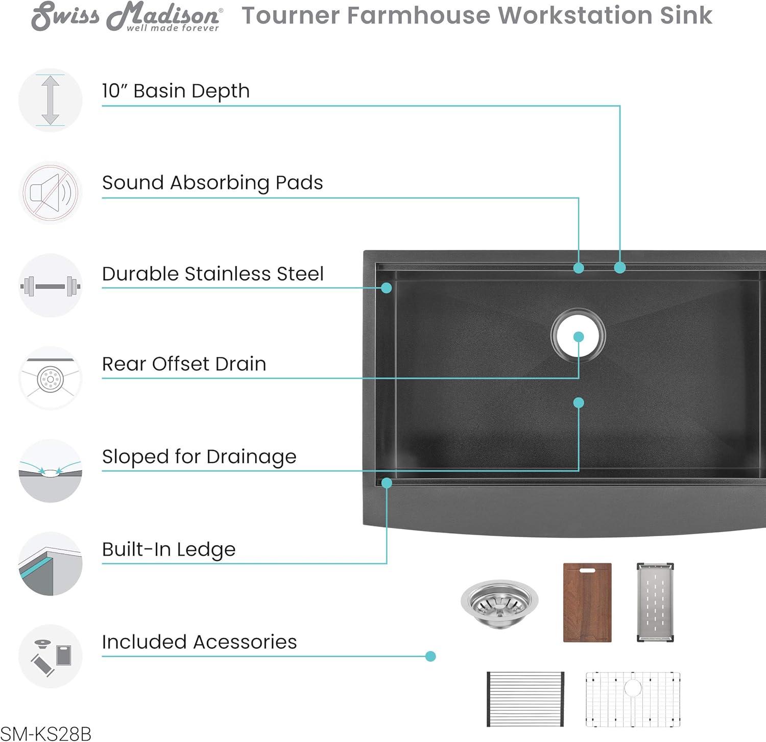 Tourner 33 x 22 Stainless Steel, Single Basin, Farmhouse Kitchen Workstation Sink with Apron