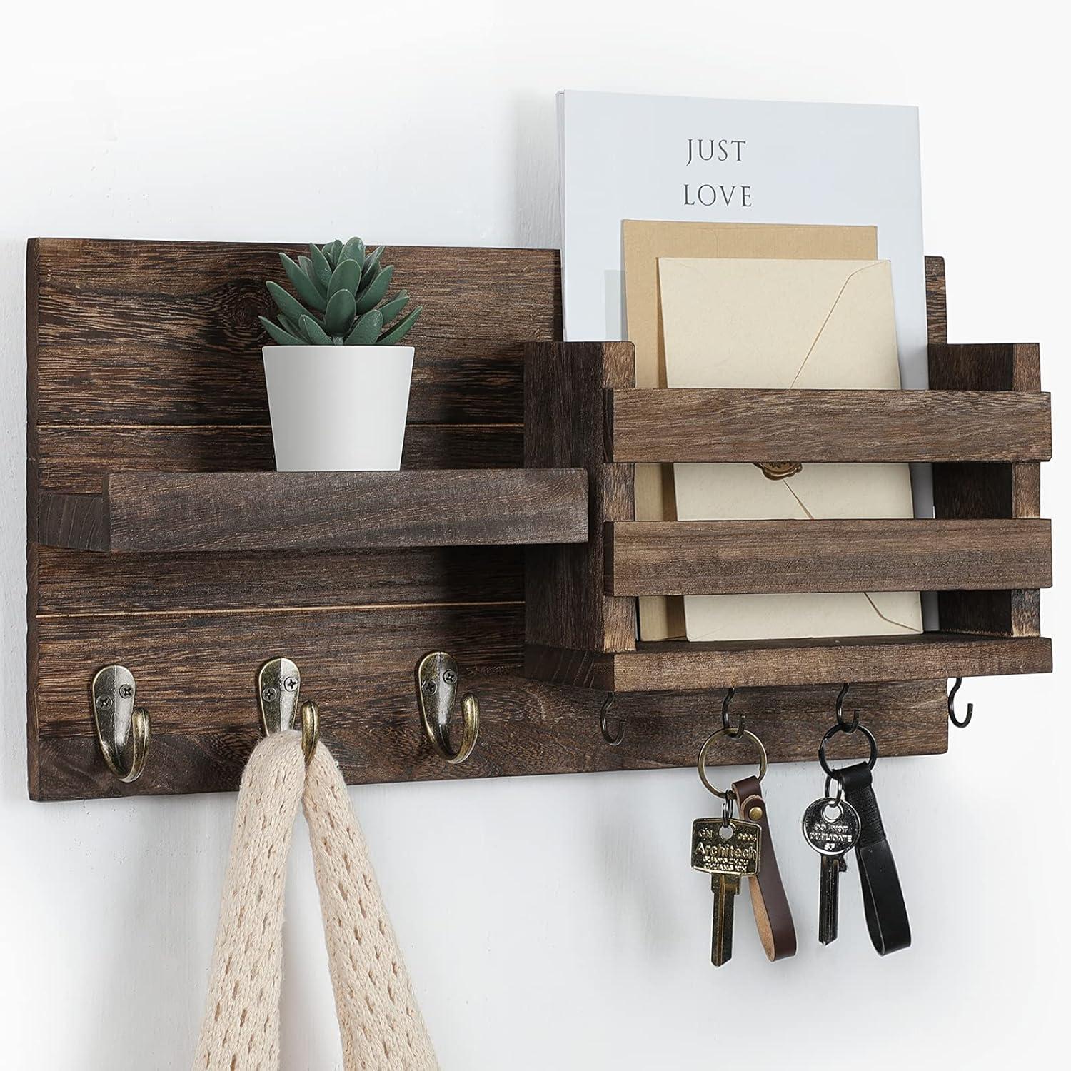 1pc Rustic Wooden Wall Mounted Key Rack With Shelf And Hooks - Mail Organizer And Key Holder For Entryway, Kitchen, Farmhouse Decor, Living Room, Wall Key Hooks