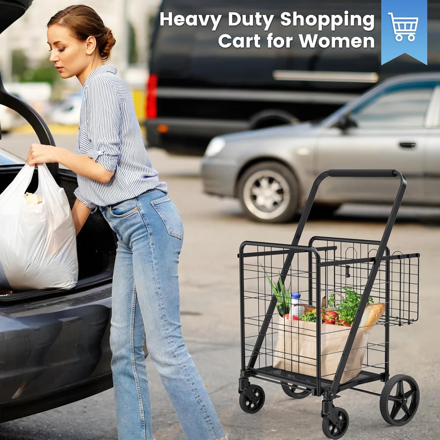 Exlonjet Folding Shopping Grocery Cart Metal Rolling Cart with Double Basket Non-Slip Handle and Swivel Wheels, Light Weight Utility Cart for Laundry Book Luggage Travel
