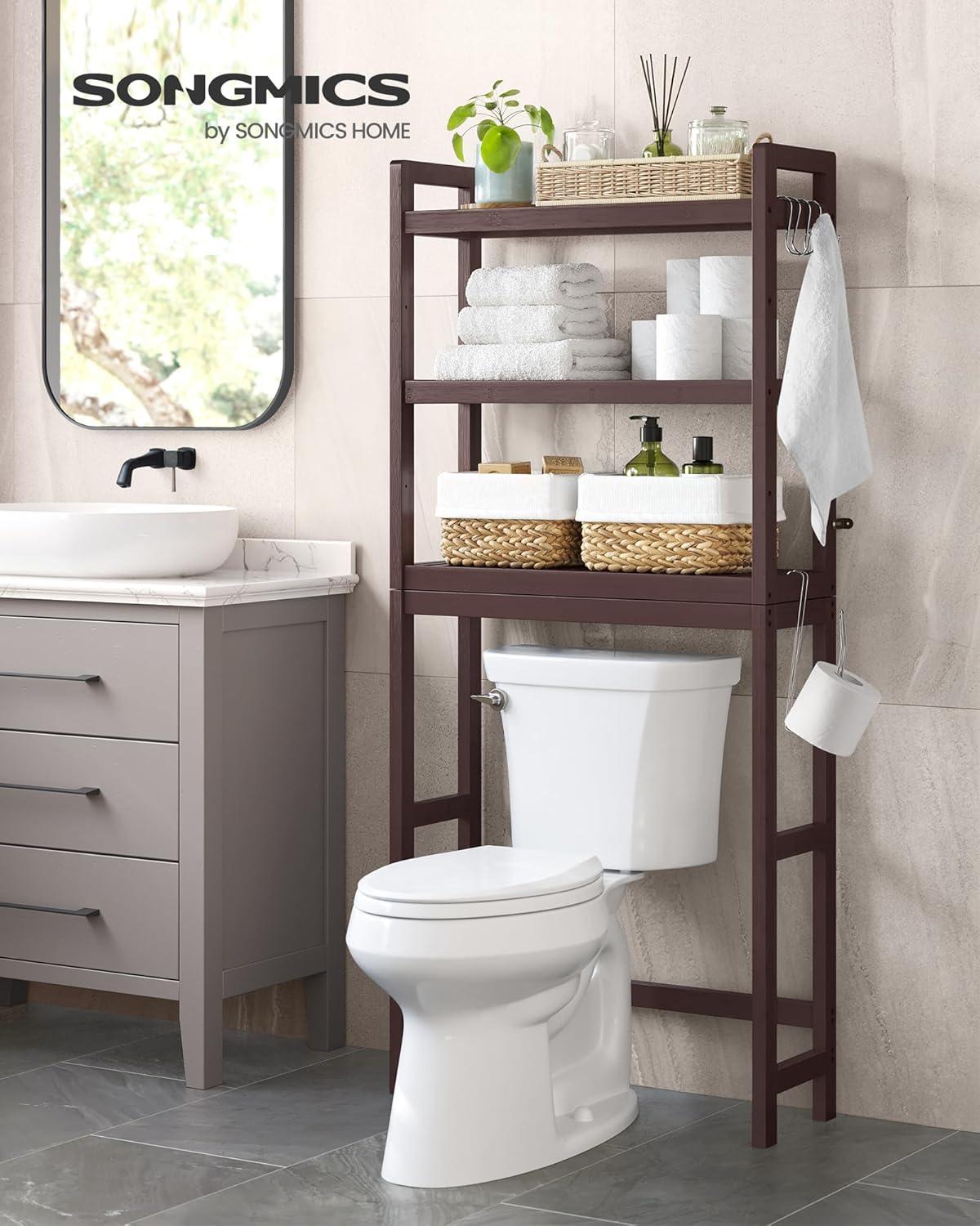 SONGMICS 3-Tier Over The Toilet Storage Bamboo Over Toilet Bathroom Organizer with Adjustable Shelf Brown