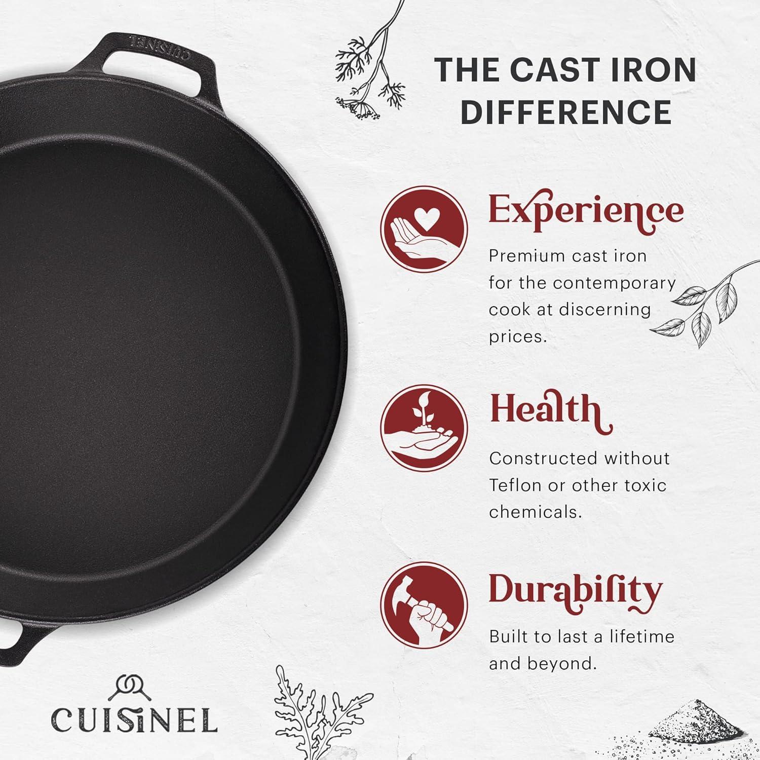 Cuisinel Cast Iron Skillet + Glass Lid + Chainmail Scrubber - 15"-Inch Dual Handle Braiser Frying Pan + Silicone Handle Covers