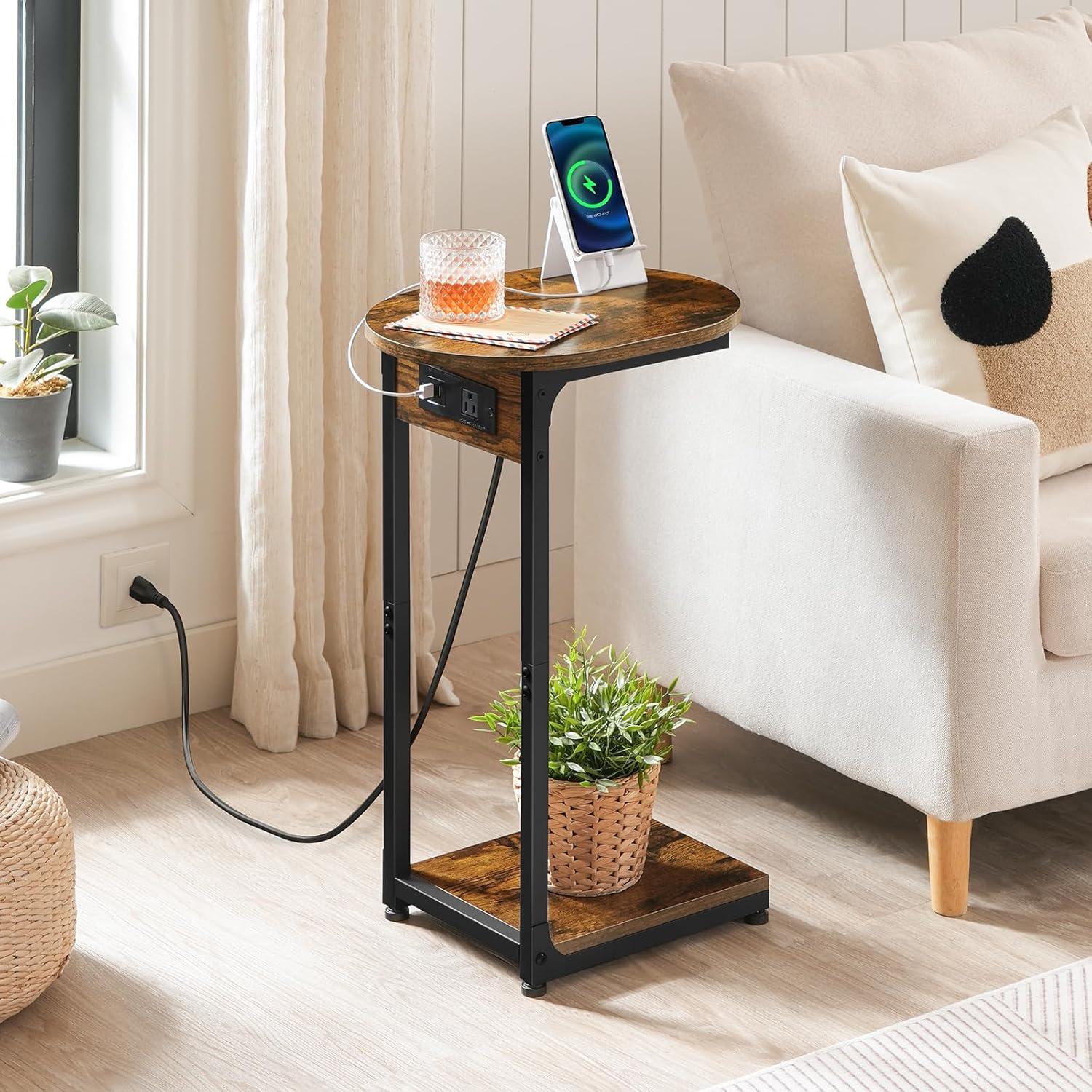 Rustic Brown and Black C-Shaped Side Table with Charging Station