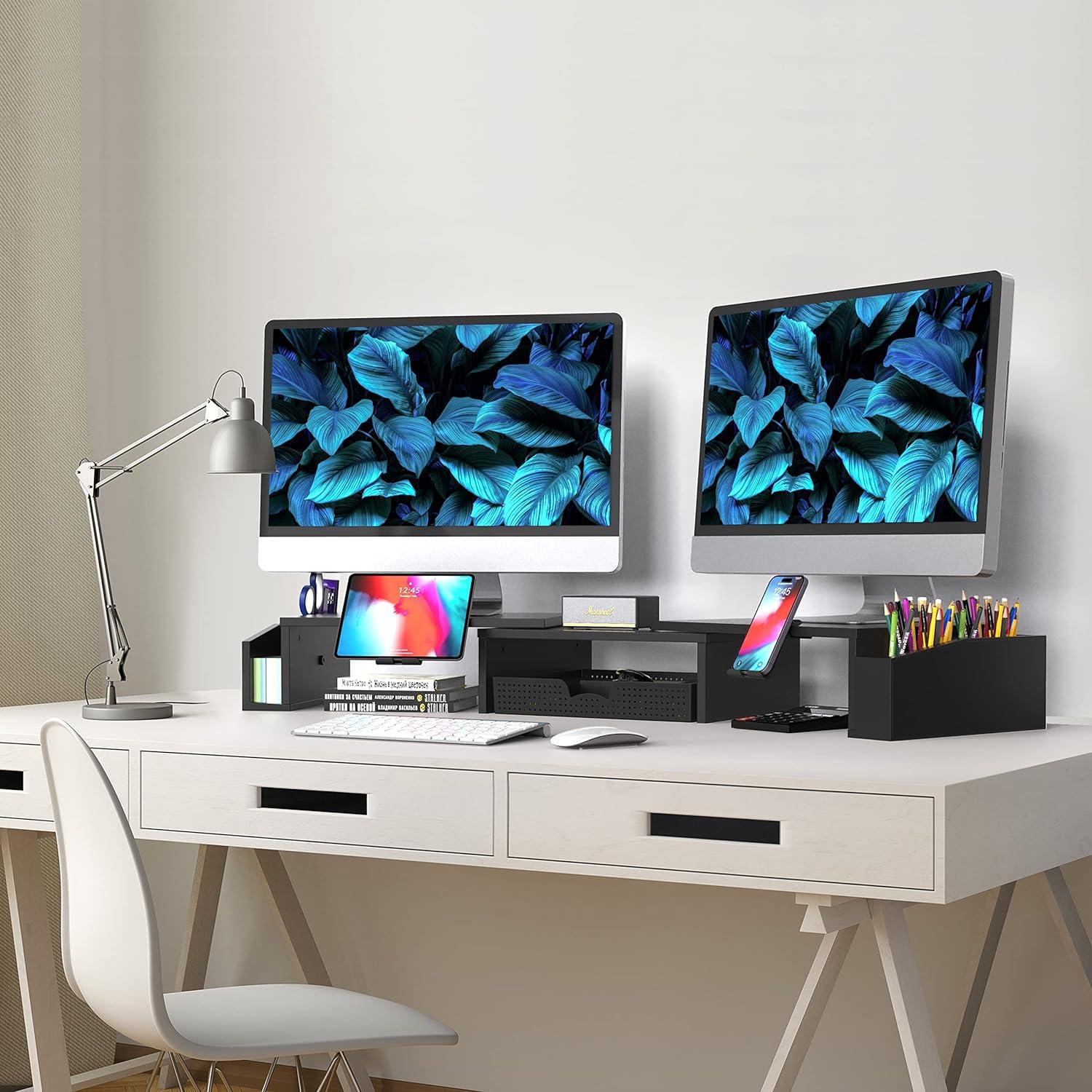 Desk Dual Monitor Stand Riser with Drawer, Black